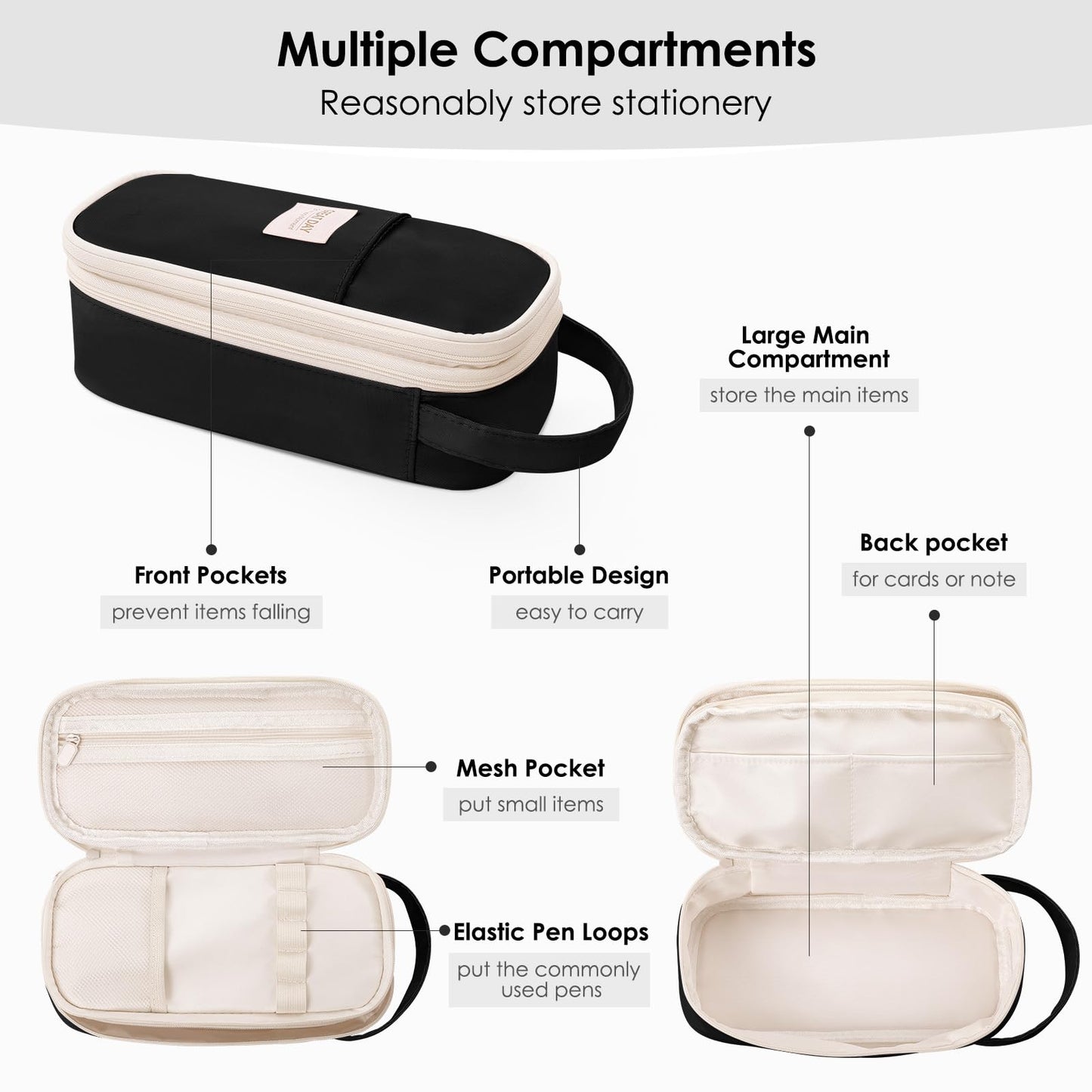 Large Capacity Pencil Case Organizer - Aesthetic School Supply Bag for Students & Adults, Zippered Pencil Pouch with Multi-Compartment Black