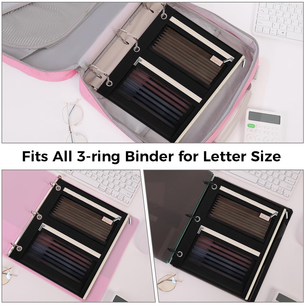3 Ring Pencil Pouch for Binder, Zipper Binder Pencil Pouch with 3 Pockets and Mesh Window, Durable Organizer for School Supplies, Cables, Earbuds, Makeup