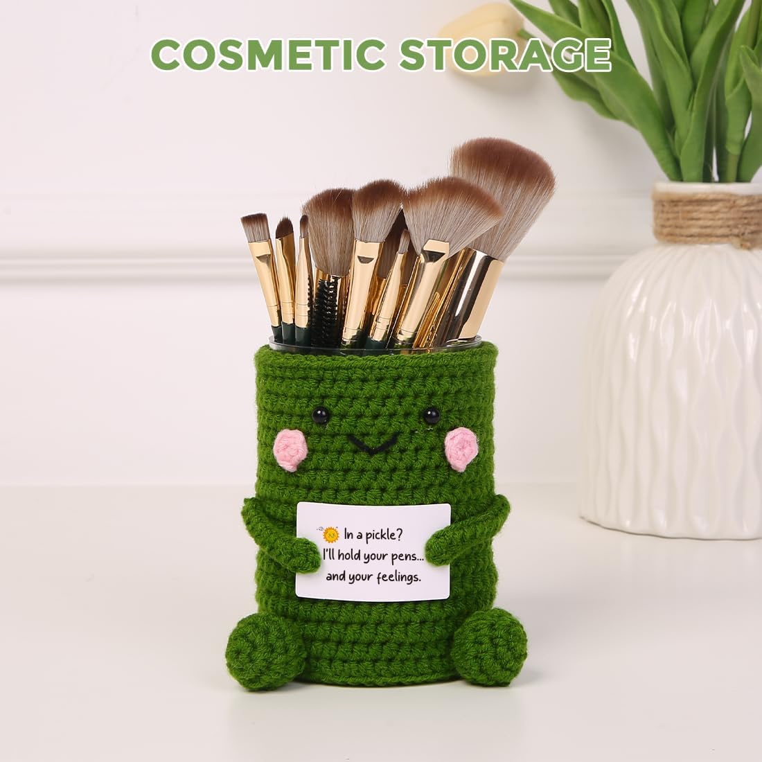 Crocheted Pen & Pencil Holder with Inspirational Card - Handmade Desk Organizer for Office, School, Home - Functional Desk Decor Pen Cup