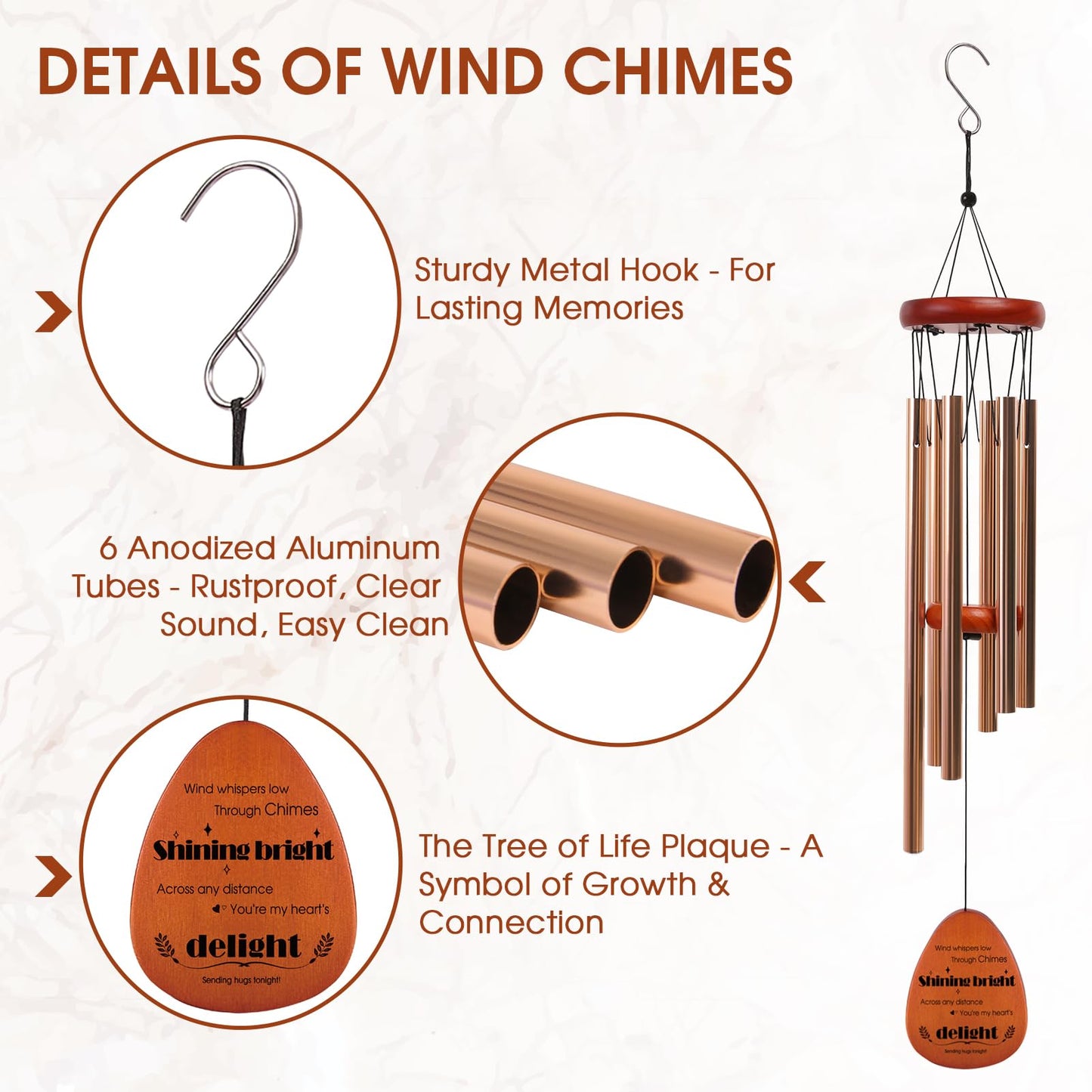 Wind Chimes for Outside, for Mom from Daughter Son with Gift Box, Deep Tones 6 Aluminum Tubes, Engraved Wood Sign, Thanksgiving for Mom, Garden Decor, Tree of Life