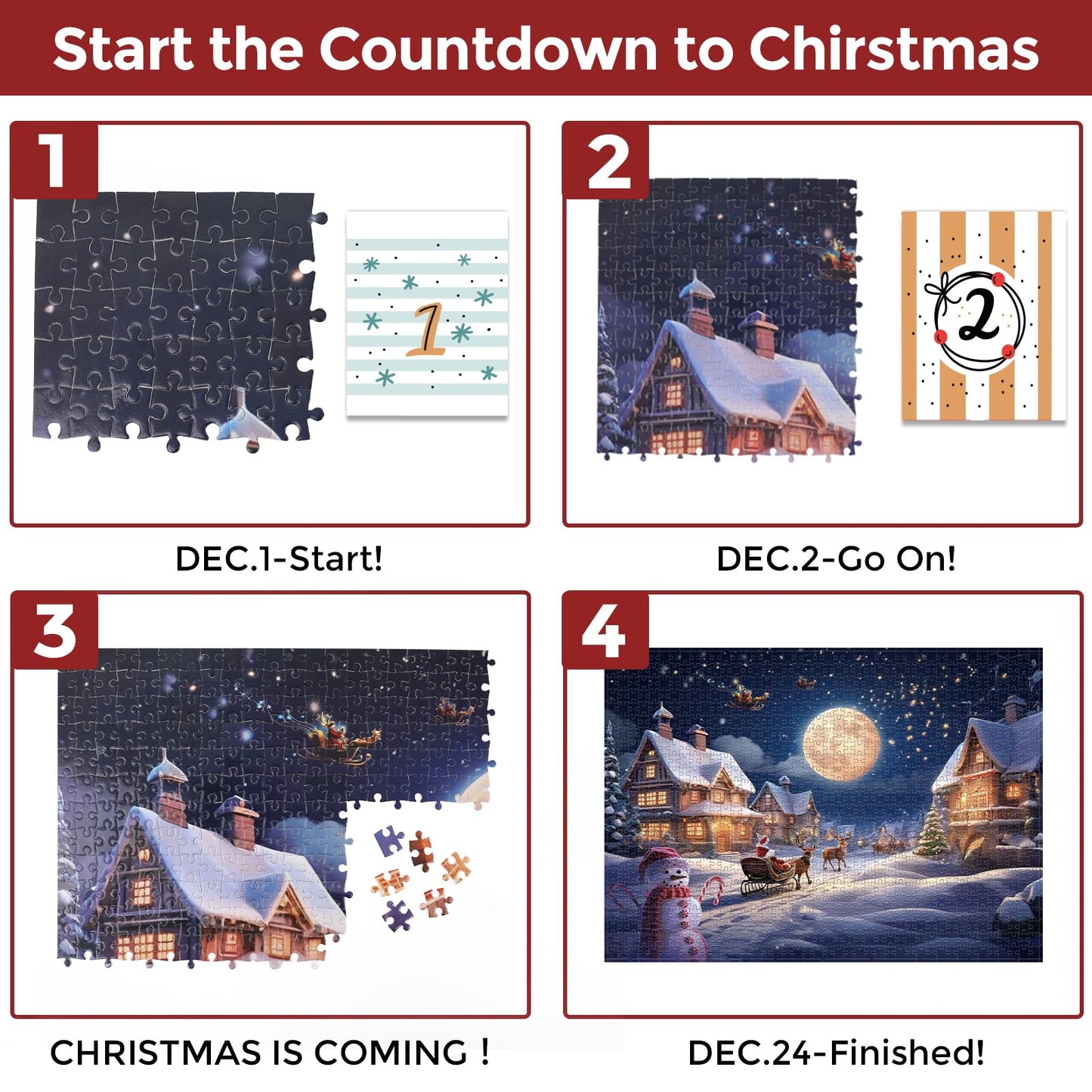 Christmas Advent Calendar Puzzle 1008 Pieces – 24 Days Countdown with Daily 42-Piece Mini Puzzles – Large 19.7 x 27.6 inch Jigsaw, Holiday Challenge for Adults & Families