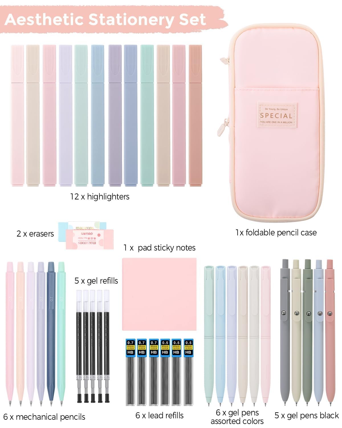 SKYDUE Cute School Supplies 44 PCS, Aesthetic Pencil Case with 12 Pastel Highlighters, 5 Black Gel Pens, 6 Color Gel Pens & Mechanical Pencils, College Essentials Students Stationary Set Pink