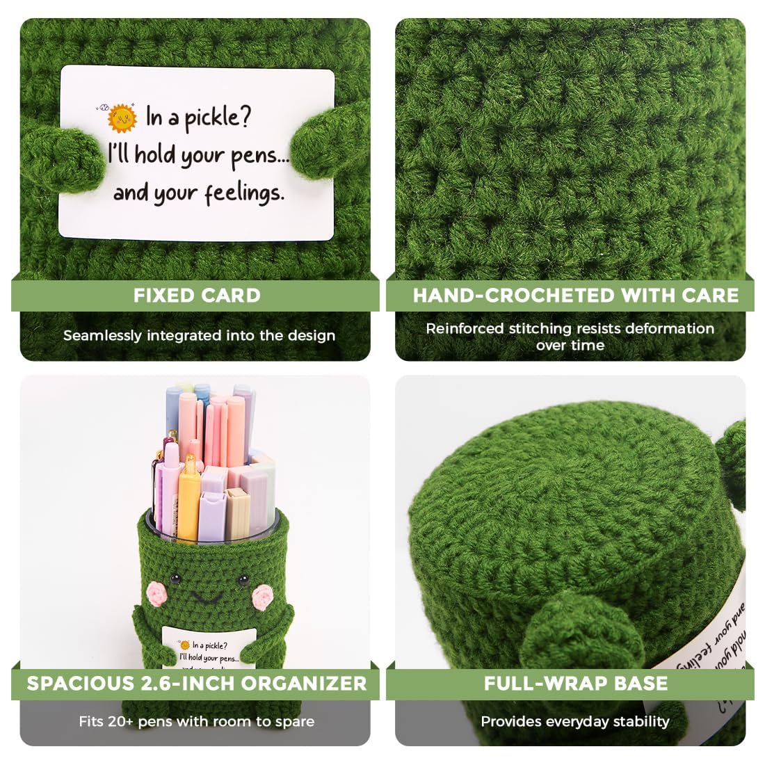 Crocheted Pen & Pencil Holder with Inspirational Card - Handmade Desk Organizer for Office, School, Home - Functional Desk Decor Pen Cup