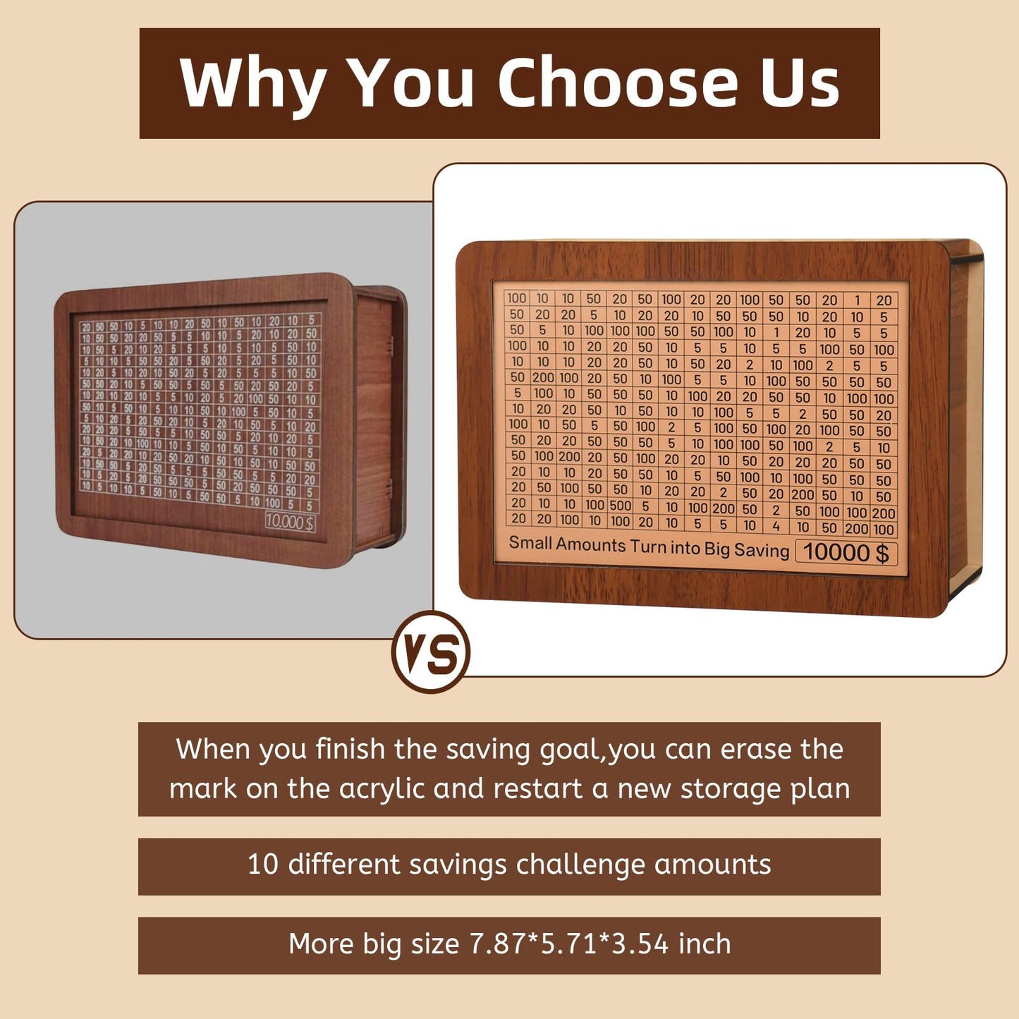 10000 Wooden Money Saving Challenge Box Cash Vault Piggy Bank for Adults Savings Goals Smash Box Saver