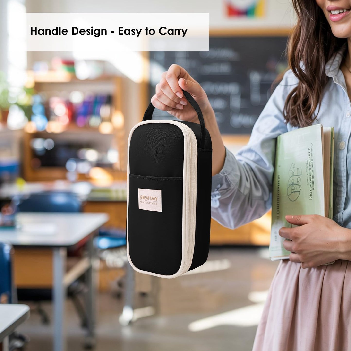 Large Capacity Pencil Case Organizer - Aesthetic School Supply Bag for Students & Adults, Zippered Pencil Pouch with Multi-Compartment Black