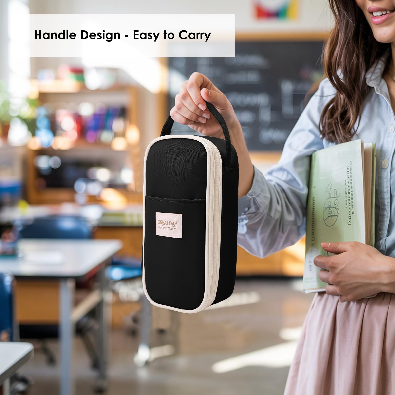 Large Capacity Pencil Case Organizer - Aesthetic School Supply Bag for Students & Adults, Zippered Pencil Pouch with Multi-Compartment Black