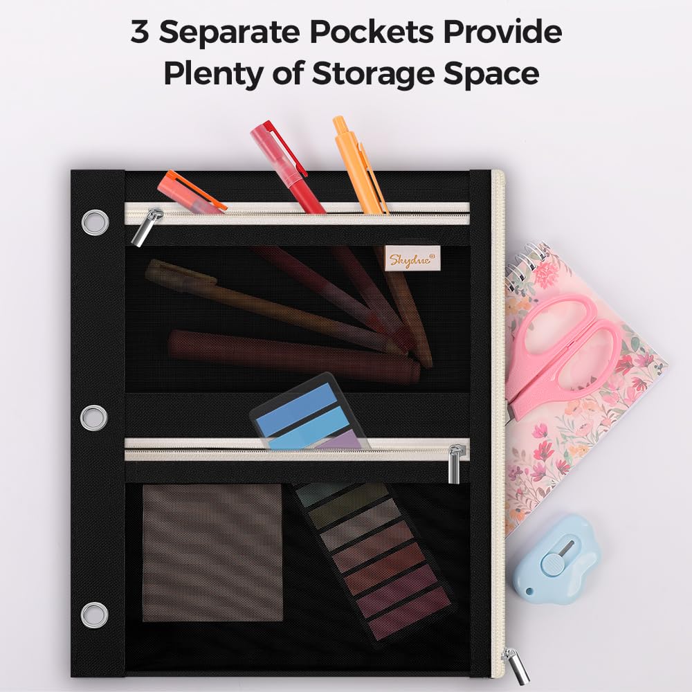3 Ring Pencil Pouch for Binder, Zipper Binder Pencil Pouch with 3 Pockets and Mesh Window, Durable Organizer for School Supplies, Cables, Earbuds, Makeup