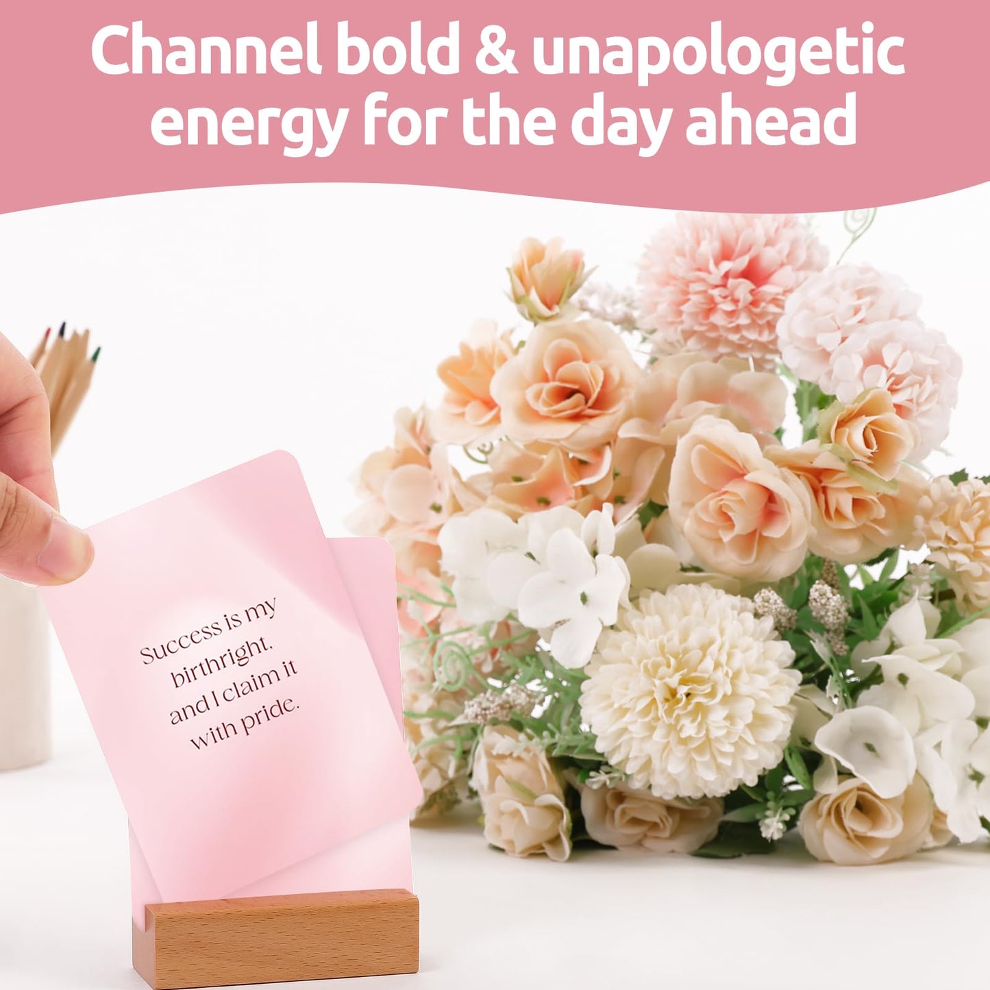 Affirmation Cards for Women with Display Stand, 53 Fierce Bold Messages with Floral Back Design – Pink Daily Inspiration & Motivational Cards for Women– Self Love Gift for Friends, Confidence & Mindfulness