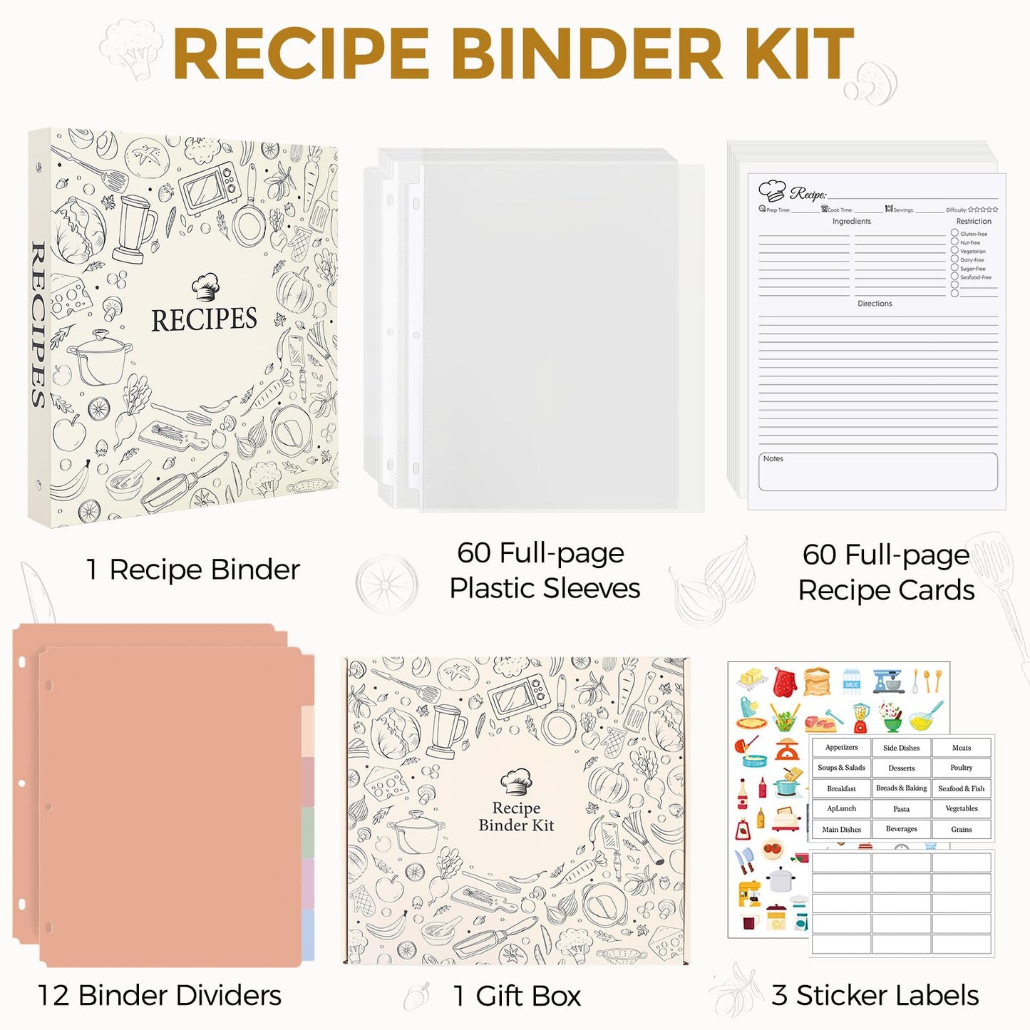 Recipe Binder 8.5x11 3 Ring, Recipe Book to Write in Your own Recipes, Recipe Binder with 60 Plastic Sleeves, 12 Dividers, 60 Blank Recipe Cards, Labels & Stickers, Family Recipe Organizer
