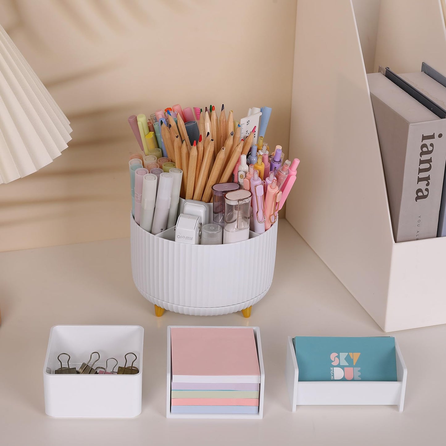 Desk Organizer Set of 4, 360 Degree Rotating Pen Holder, Business Card Holder, Memo Box, Storage Box, Office Desktop Accessories For Women or Men