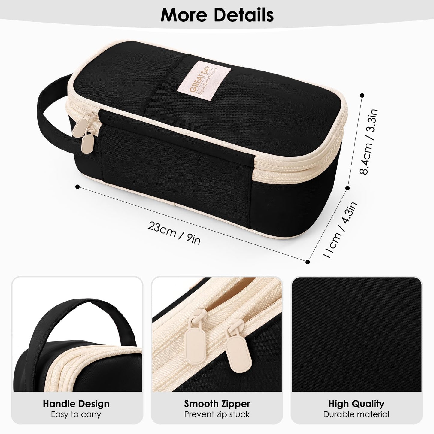 Large Capacity Pencil Case Organizer - Aesthetic School Supply Bag for Students & Adults, Zippered Pencil Pouch with Multi-Compartment Black