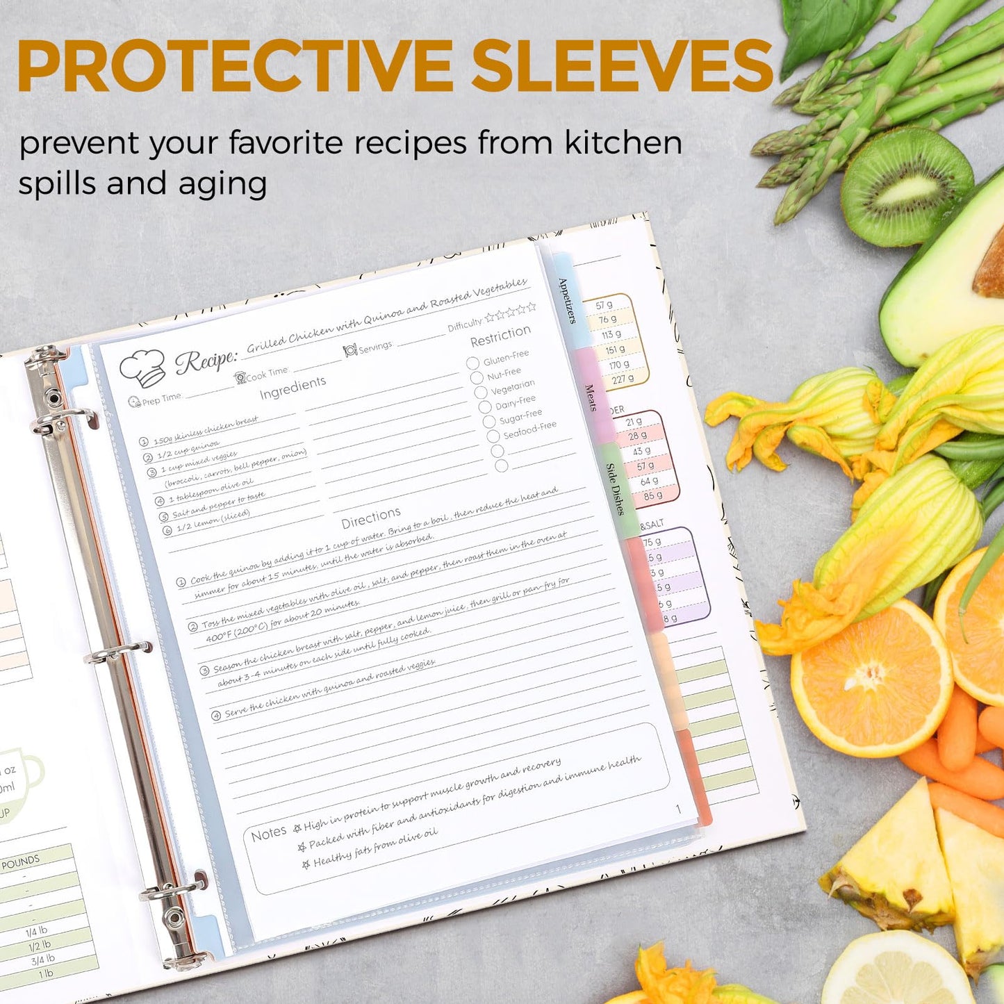 Recipe Binder 8.5x11 3 Ring, Recipe Book to Write in Your own Recipes, Recipe Binder with 60 Plastic Sleeves, 12 Dividers, 60 Blank Recipe Cards, Labels & Stickers, Family Recipe Organizer