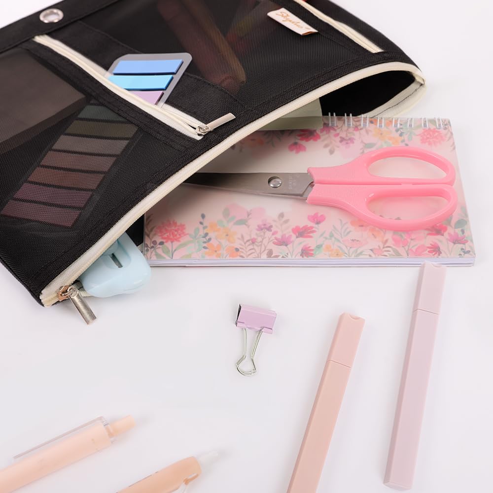 3 Ring Pencil Pouch for Binder, Zipper Binder Pencil Pouch with 3 Pockets and Mesh Window, Durable Organizer for School Supplies, Cables, Earbuds, Makeup