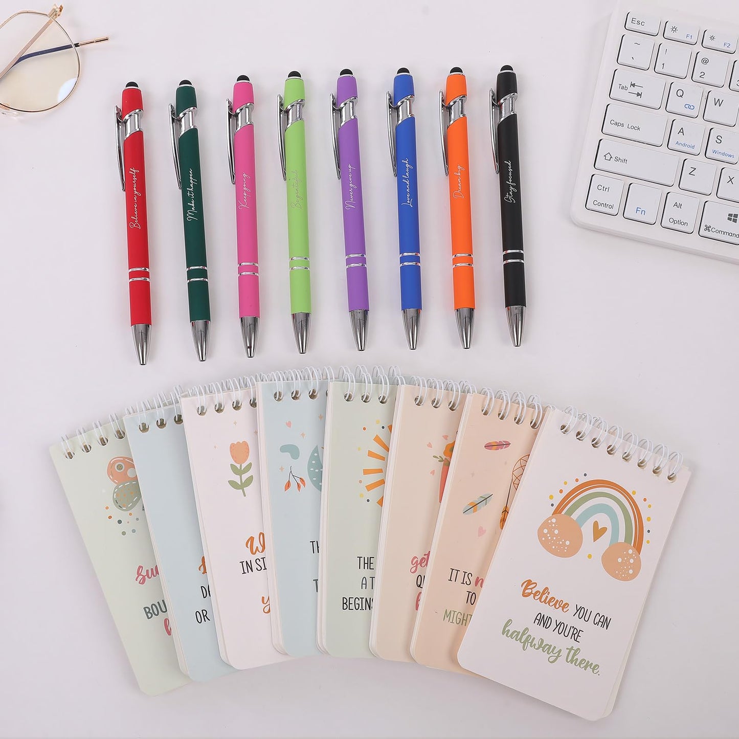 Pocket Notebooks 3x5 & Ballpoint Pens Gifts Set, 8 Inspirational Gifts Sets with 8 Bags & 8 Thank You Cards, Motivational Employee Appreciation Gifts