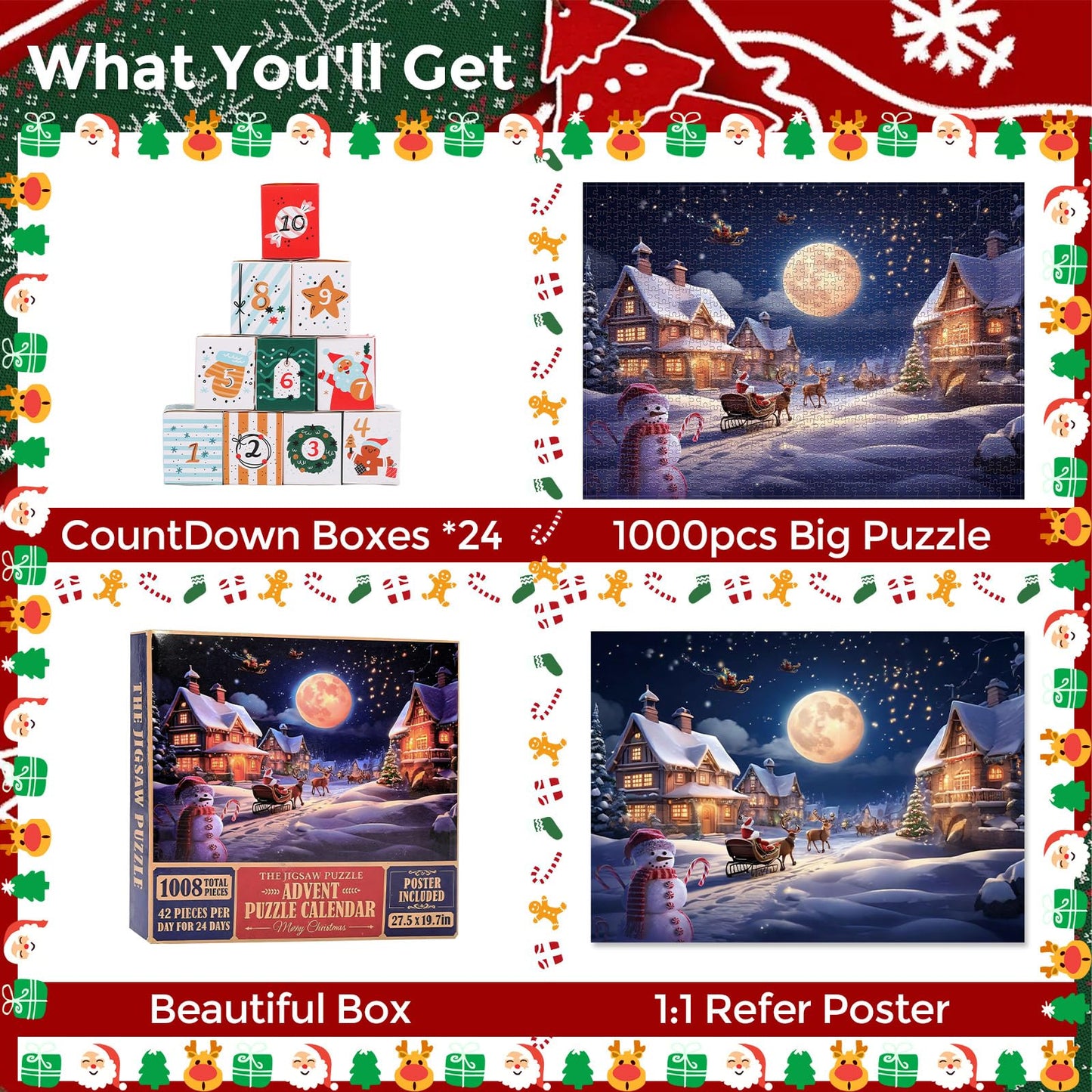 Christmas Advent Calendar Puzzle 1008 Pieces – 24 Days Countdown with Daily 42-Piece Mini Puzzles – Large 19.7 x 27.6 inch Jigsaw, Holiday Challenge for Adults & Families
