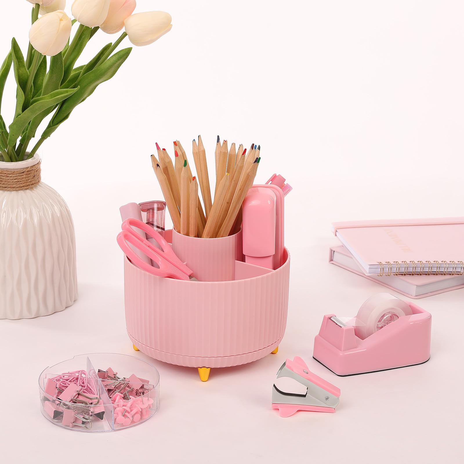 Pink Desk Accessories 10Pcs, Rotating Pen Holder for Desk, Stapler, Staple Remover, Tape Dispenser,2pcs Tape Refills, Binder Paper Clips Kit, Scissor,Pink Office School Supplies