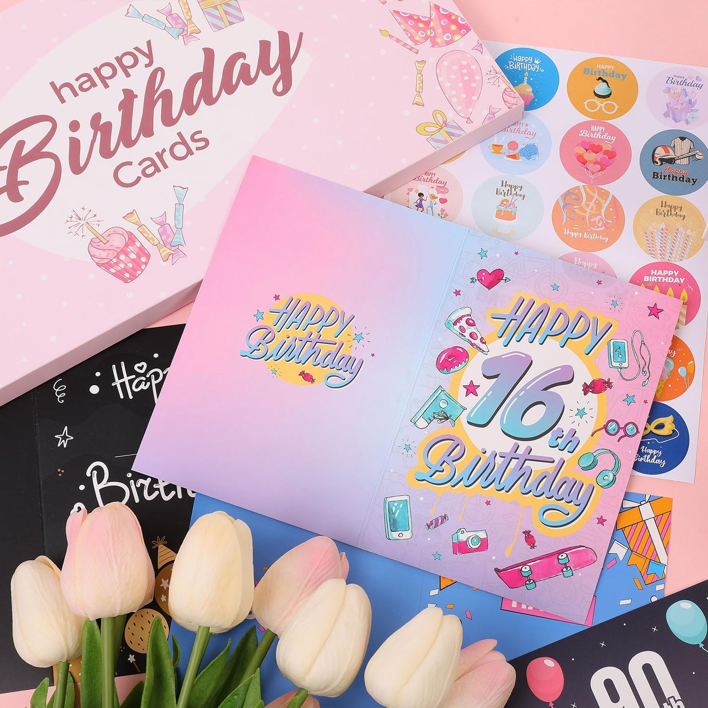 Birthday Cards with Envelopes, Assorted 24 Birthday Greeting Cards 4 x 6 inches, Happy Birthday Cards with Envelopes & Matching Stickers, for Particular Age
