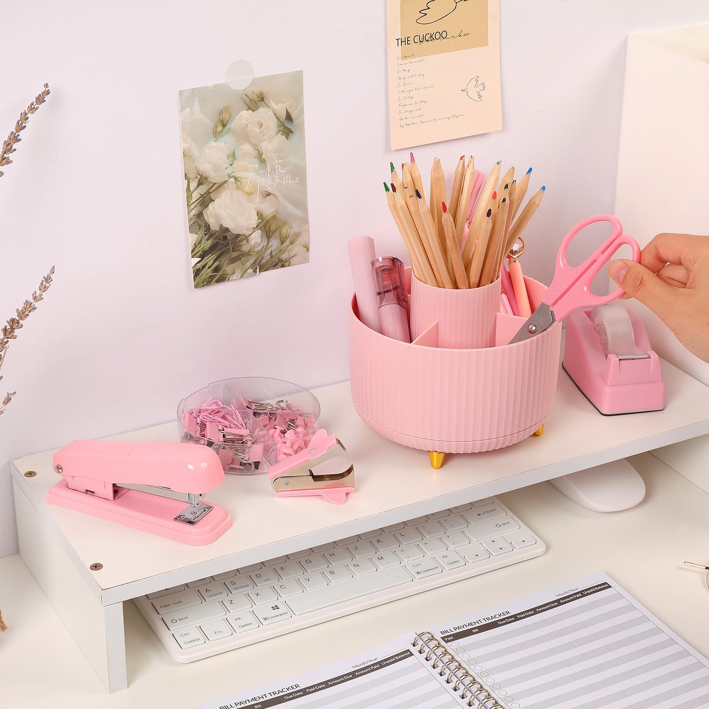 Pink Desk Accessories 10Pcs, Rotating Pen Holder for Desk, Stapler, Staple Remover, Tape Dispenser,2pcs Tape Refills, Binder Paper Clips Kit, Scissor,Pink Office School Supplies