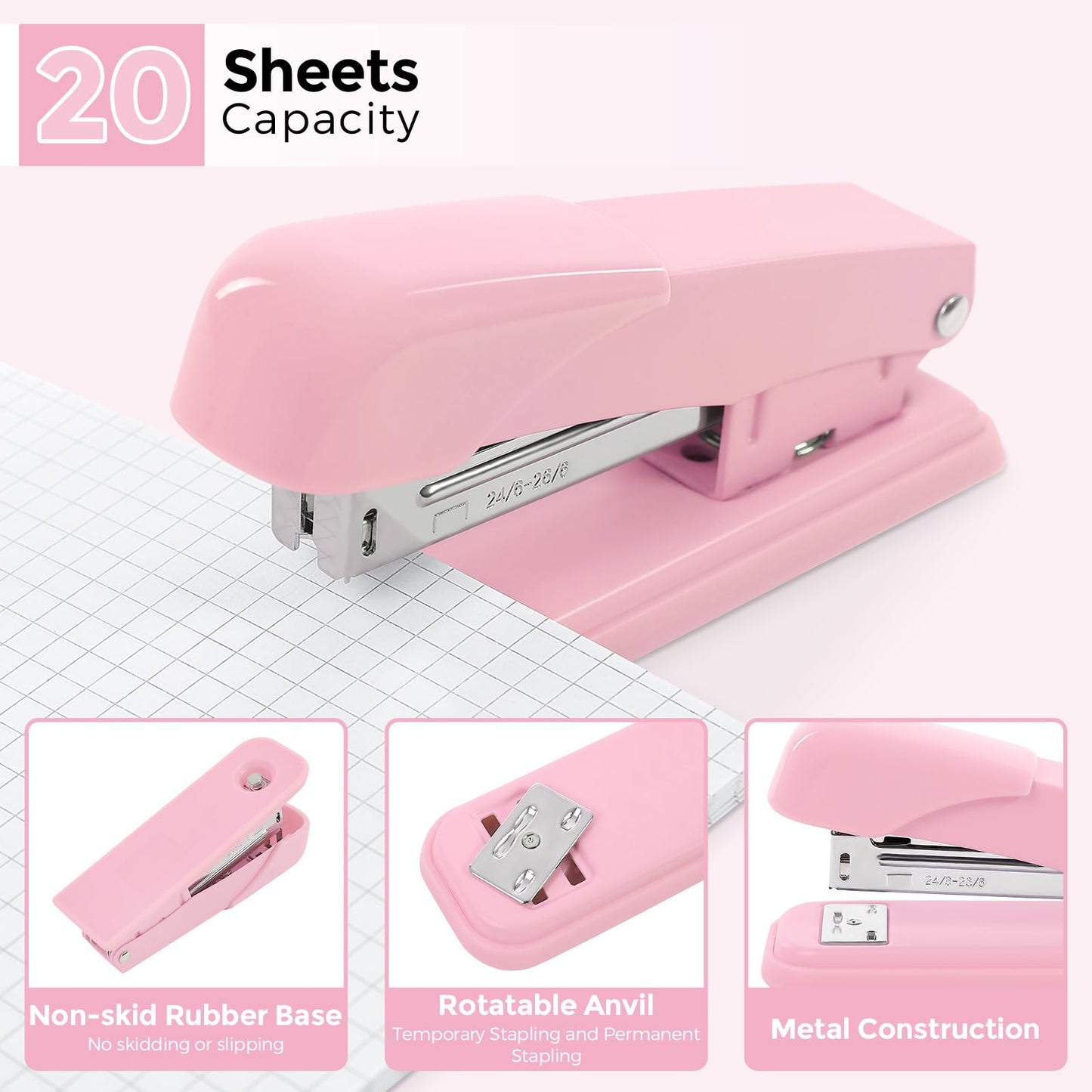 Pink Desk Accessories 10Pcs, Rotating Pen Holder for Desk, Stapler, Staple Remover, Tape Dispenser,2pcs Tape Refills, Binder Paper Clips Kit, Scissor,Pink Office School Supplies