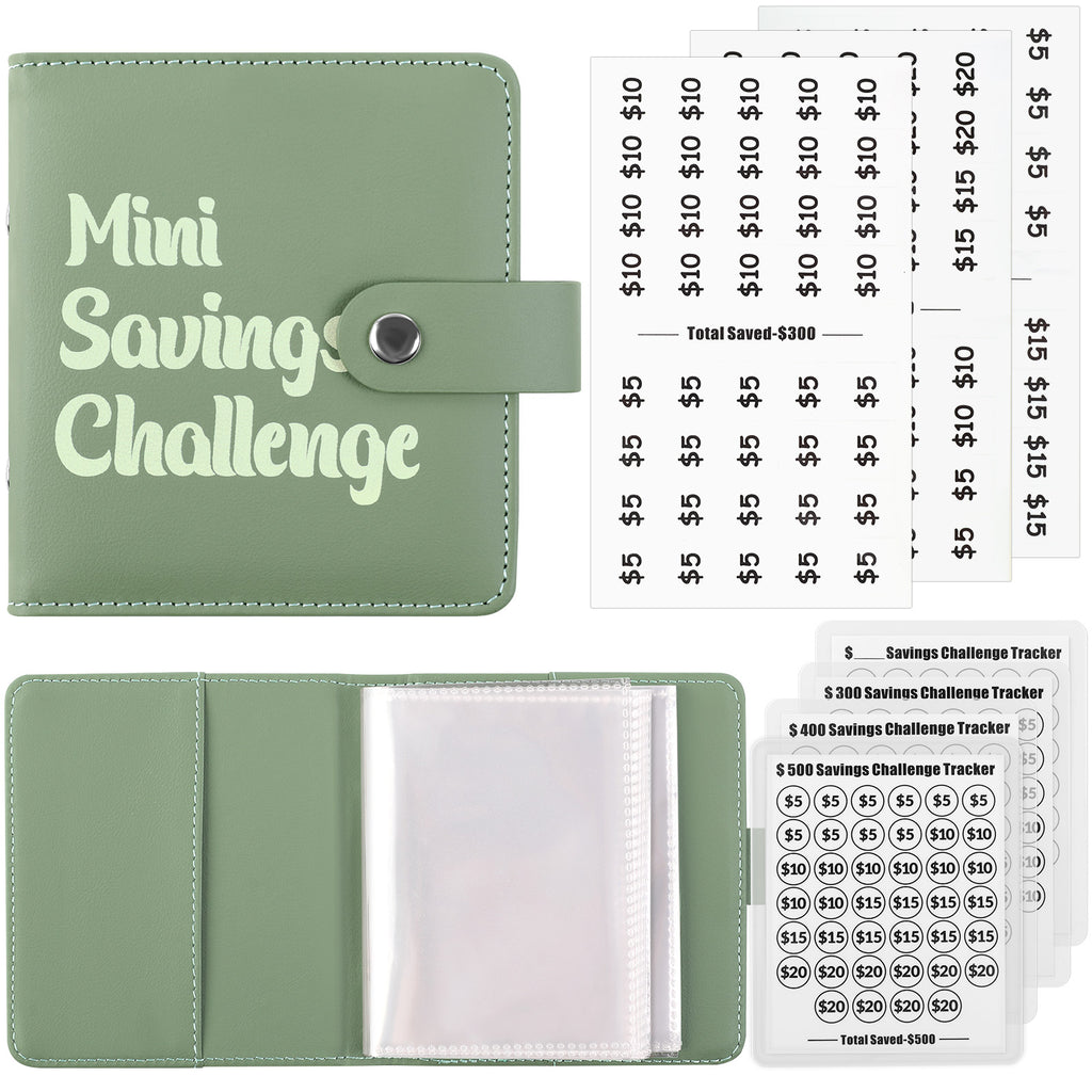SKYDUE Mini Money Saving Binder, Portable Savings Binder with 4 Various Laminated Money Saving Challenge Trackers, Savings $300, 400, 500 Challenges Book with Envelopes & Stickers, A8, Black