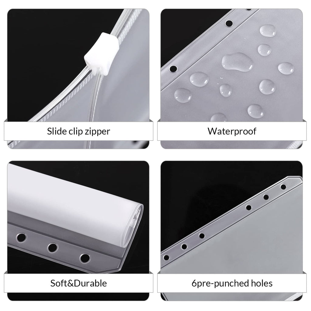 SKYDUE 12PCS Binder Pockets，A6 Size 6 Holes Zipper Cash Envelopes for A6 6-Ring Notebook Binder for School Home Office