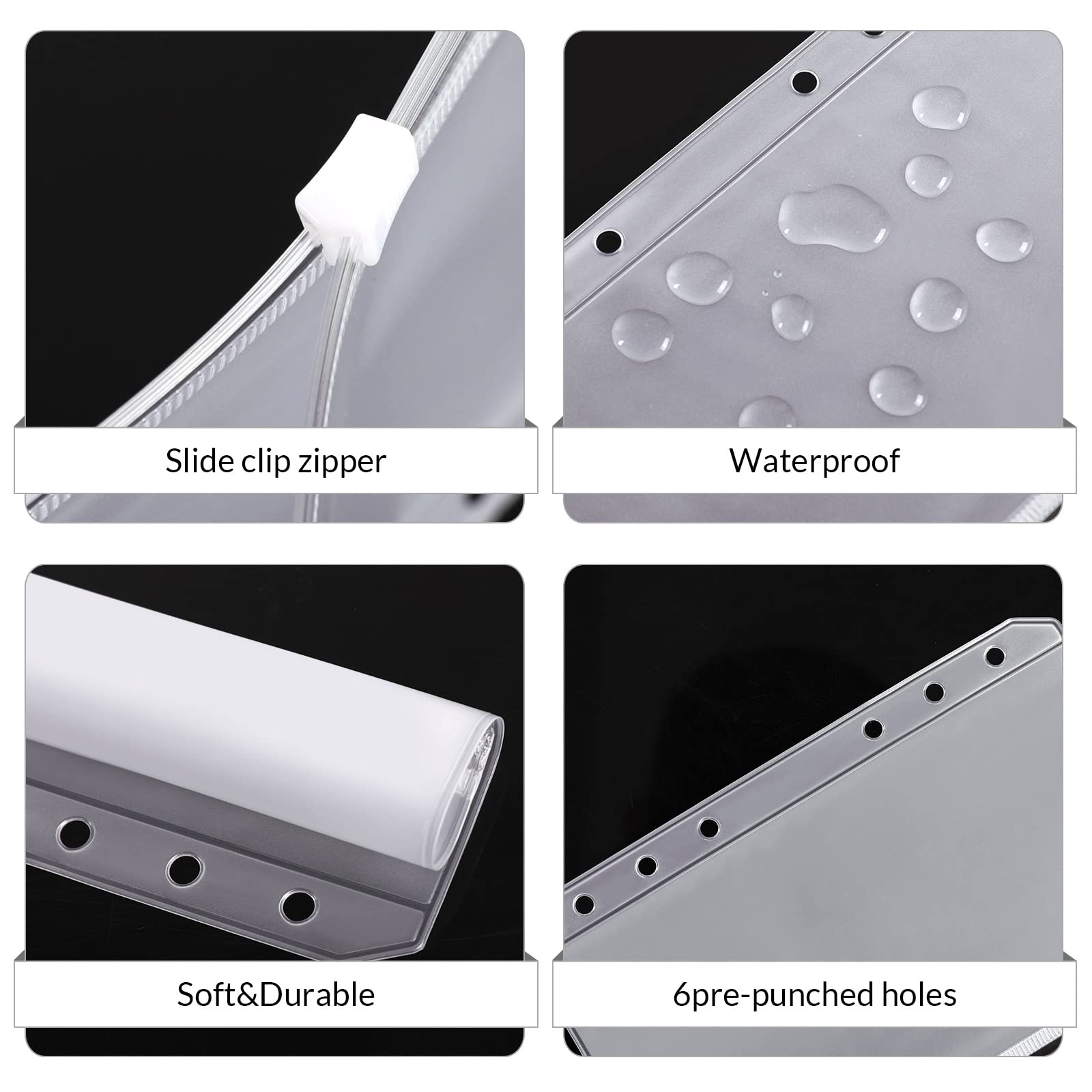 SKYDUE 12PCS Binder Pockets，A6 Size 6 Holes Zipper Cash Envelopes for A6 6-Ring Notebook Binder for School Home Office