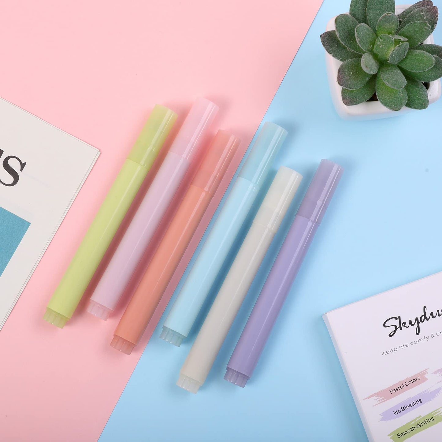 SKYDUE Aesthetic Highlighters with Soft Chisel Tip, Bible Highlighters Assorted Colors, Muted Pastel Colors, No Bleed, Cute School Supplies, Bible Study Journaling Supplies, 6Pcs