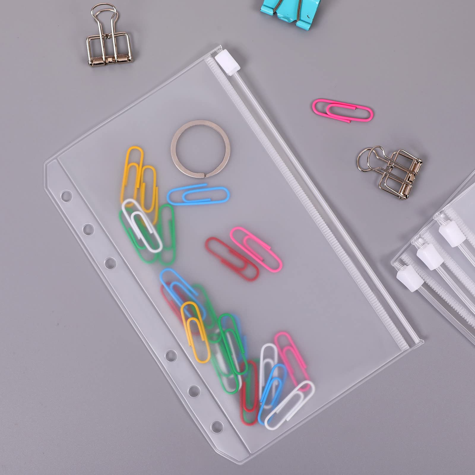 SKYDUE 12PCS Binder Pockets，A6 Size 6 Holes Zipper Cash Envelopes for A6 6-Ring Notebook Binder for School Home Office