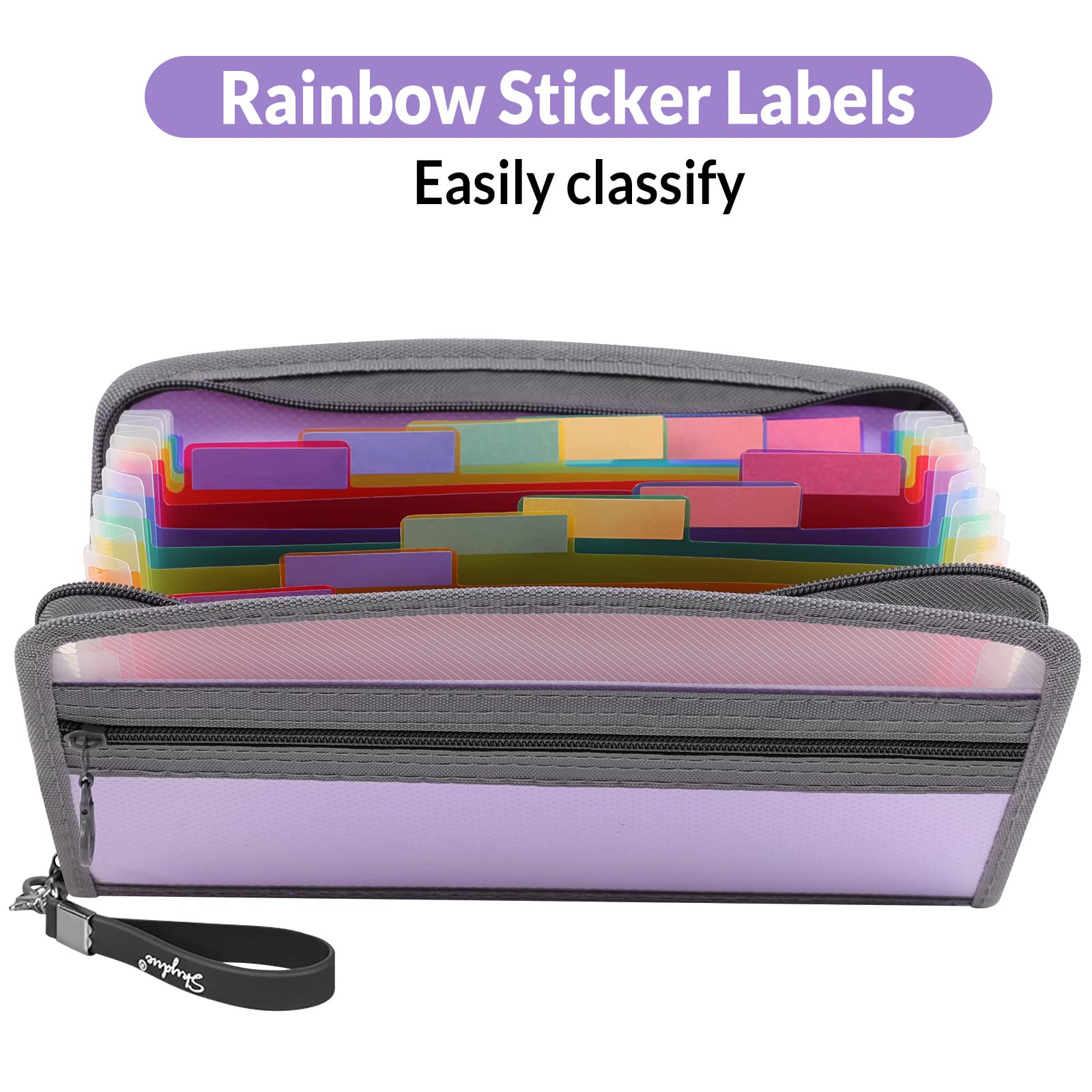 SKYDUE Small Accordion File Organizer，13 Pocket Receipt Coupon Organizer with Rainbow Labels ，Expanding File Folder for Glove Box, Zipper Closure, 11*6 Inches ( Purple)