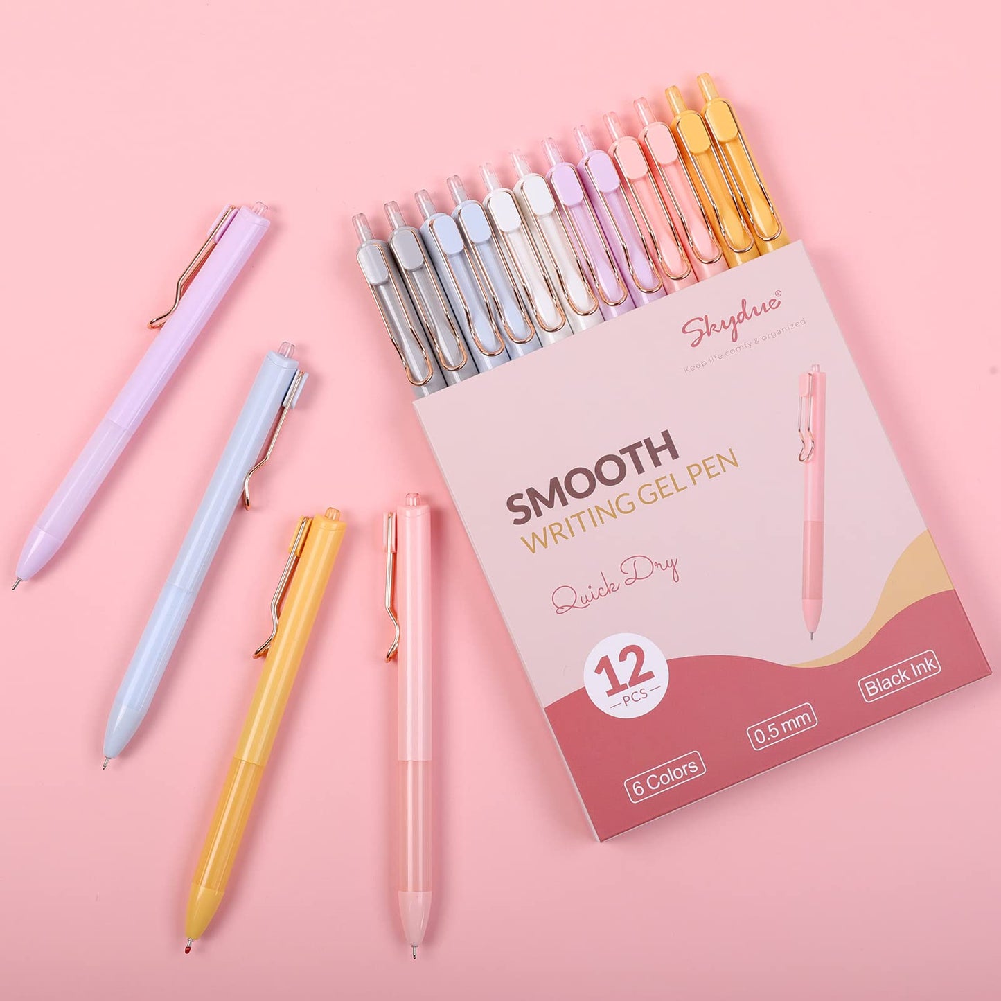 SKYDUE Cute Gel Pens, 12 Pack Quick Dry Black Ink Pens, 0.5mm Fine Point Smooth Writing Pens, Retractable Aesthetic Gel Ink Pens for Home School Office Journaling Note Taking