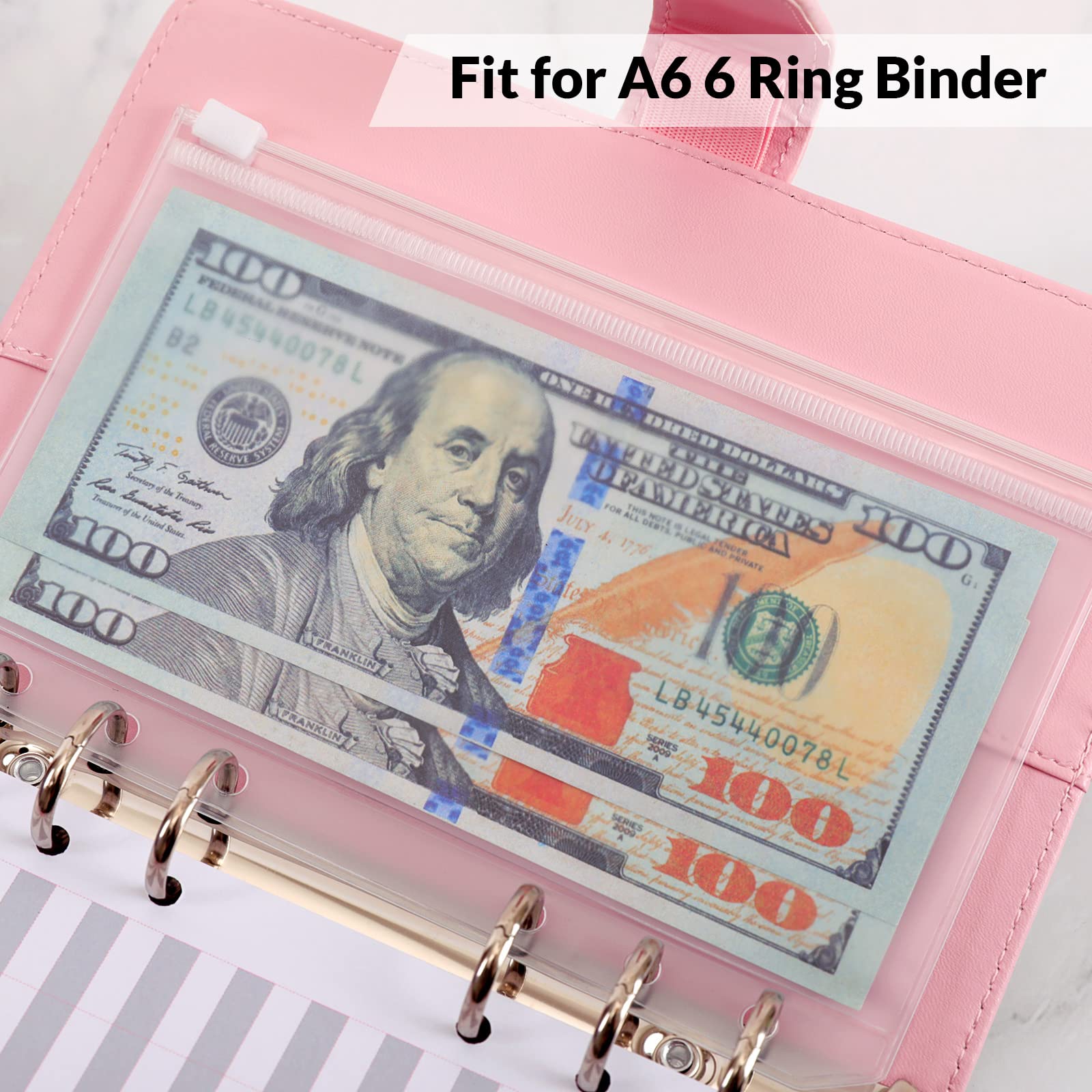 SKYDUE 12PCS Binder Pockets，A6 Size 6 Holes Zipper Cash Envelopes for A6 6-Ring Notebook Binder for School Home Office