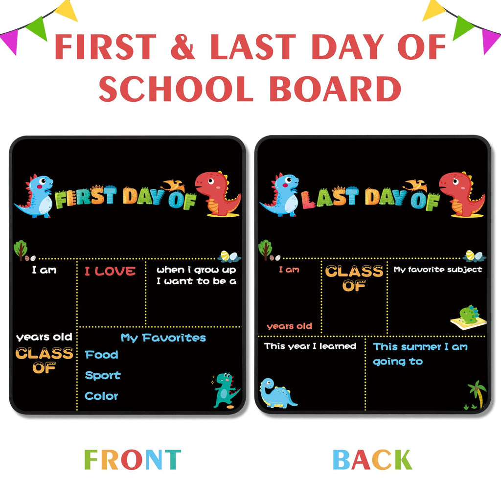 First Day of School Board，10" x 12" Reusable Erasable Dinosaur Chalkboard Sign, Double Side First Day of School Sign, Back to School Photo Prop Commemorate Supplies