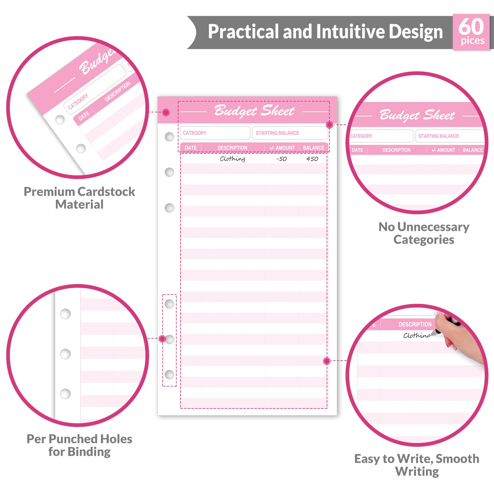 SKYDUE 60pcs Expense Tracker Budget Sheets for A6 Budget Binder,6-Holes Tracking Budget Sheets for Budget Planner