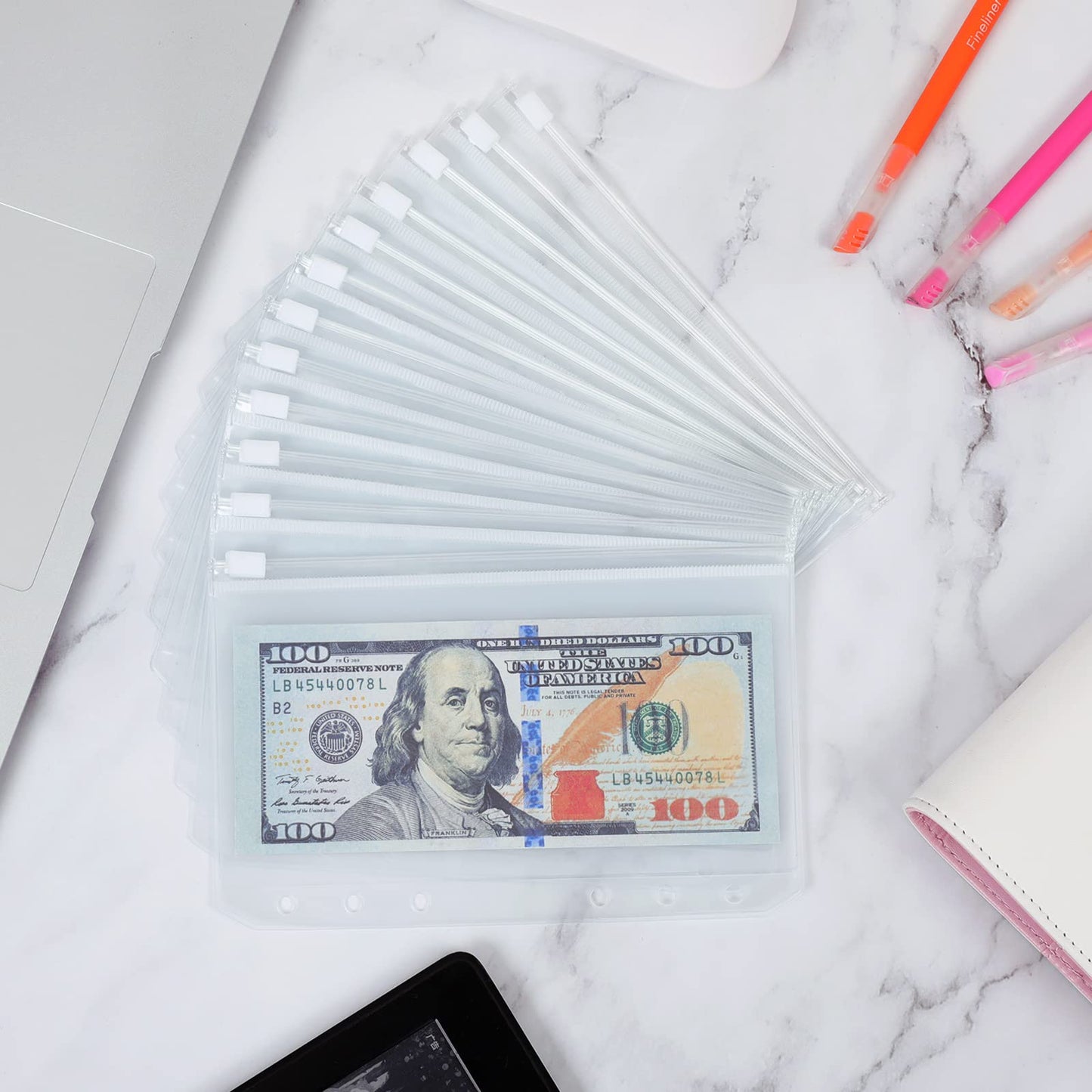 SKYDUE 12PCS Binder Pockets，A6 Size 6 Holes Zipper Cash Envelopes for A6 6-Ring Notebook Binder for School Home Office