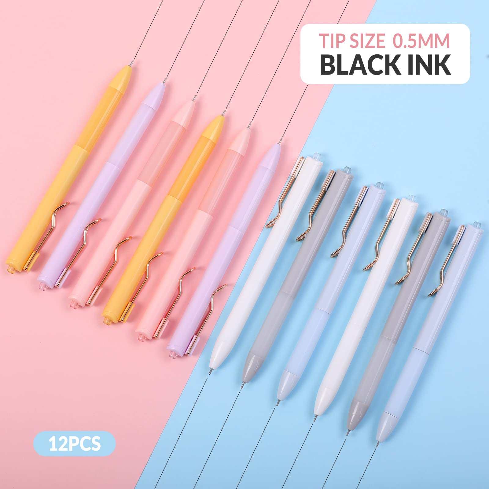 SKYDUE Cute Gel Pens, 12 Pack Quick Dry Black Ink Pens, 0.5mm Fine Poi