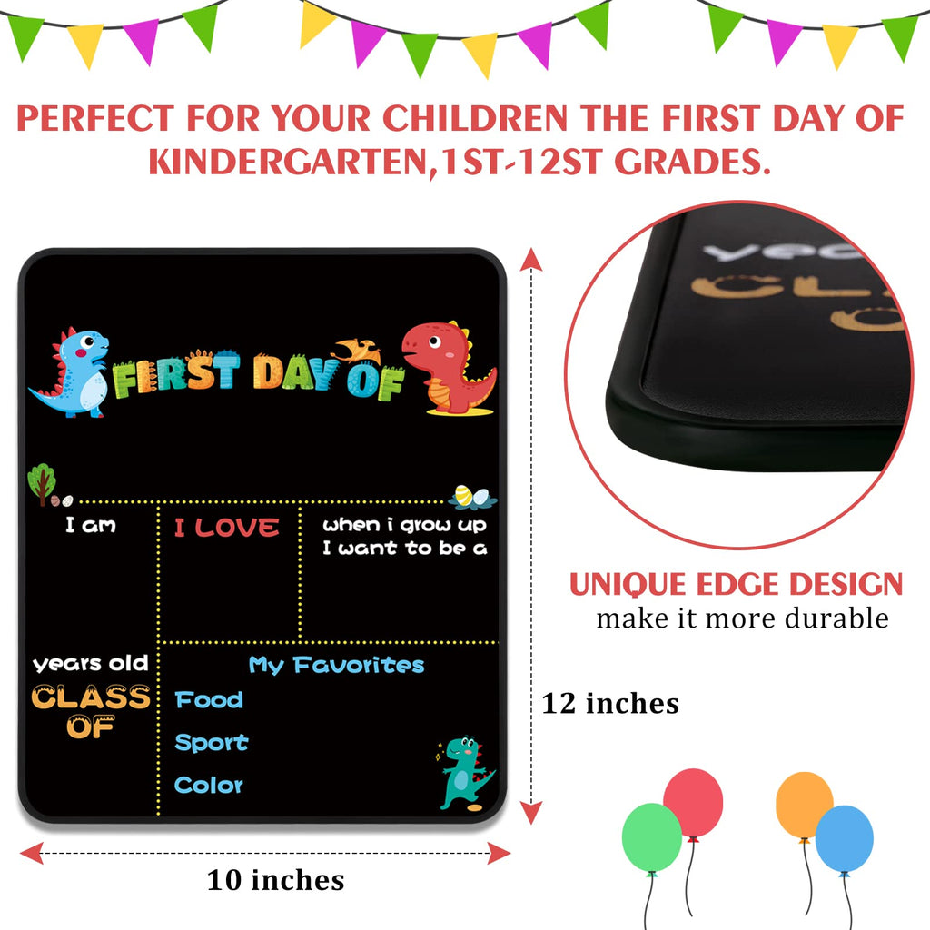 First Day of School Board，10" x 12" Reusable Erasable Dinosaur Chalkboard Sign, Double Side First Day of School Sign, Back to School Photo Prop Commemorate Supplies