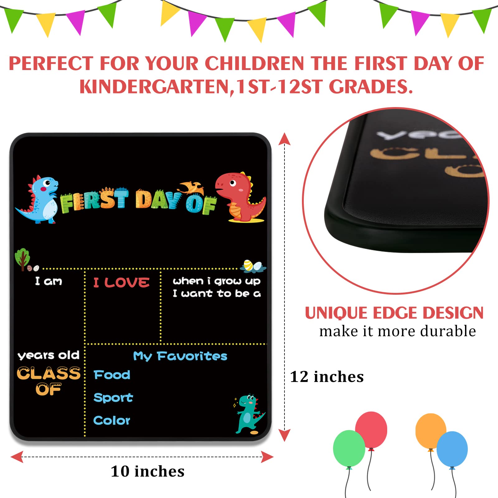 First Day of School Board，10" x 12" Reusable Erasable Dinosaur Chalkboard Sign, Double Side First Day of School Sign, Back to School Photo Prop Commemorate Supplies