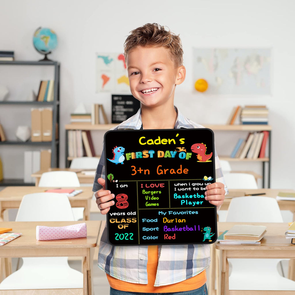 First Day of School Board，10" x 12" Reusable Erasable Dinosaur Chalkboard Sign, Double Side First Day of School Sign, Back to School Photo Prop Commemorate Supplies