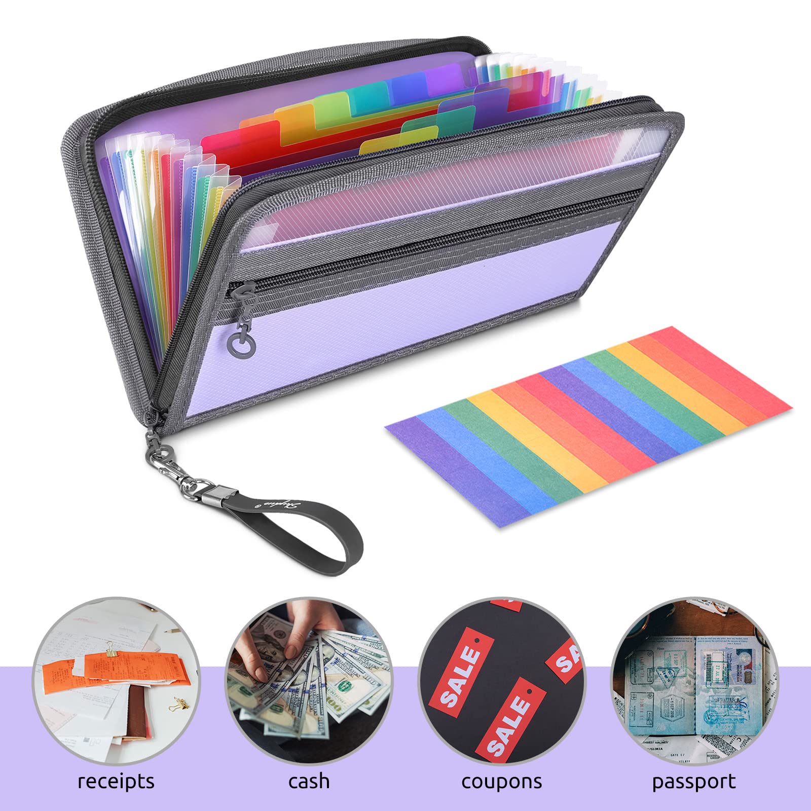 SKYDUE Small Accordion File Organizer，13 Pocket Receipt Coupon Organizer with Rainbow Labels ，Expanding File Folder for Glove Box, Zipper Closure, 11*6 Inches ( Purple)