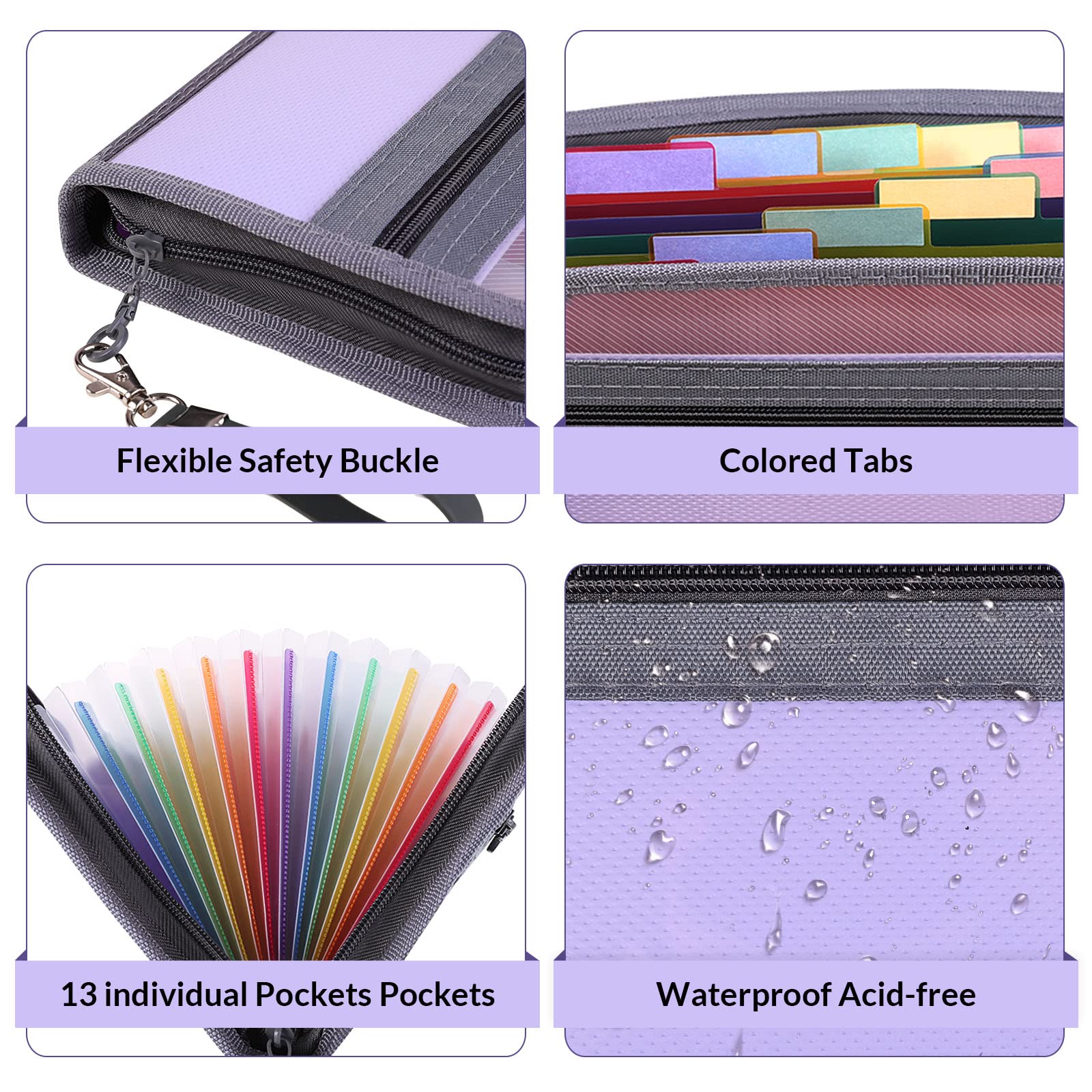 SKYDUE Small Accordion File Organizer，13 Pocket Receipt Coupon Organizer with Rainbow Labels ，Expanding File Folder for Glove Box, Zipper Closure, 11*6 Inches ( Purple)