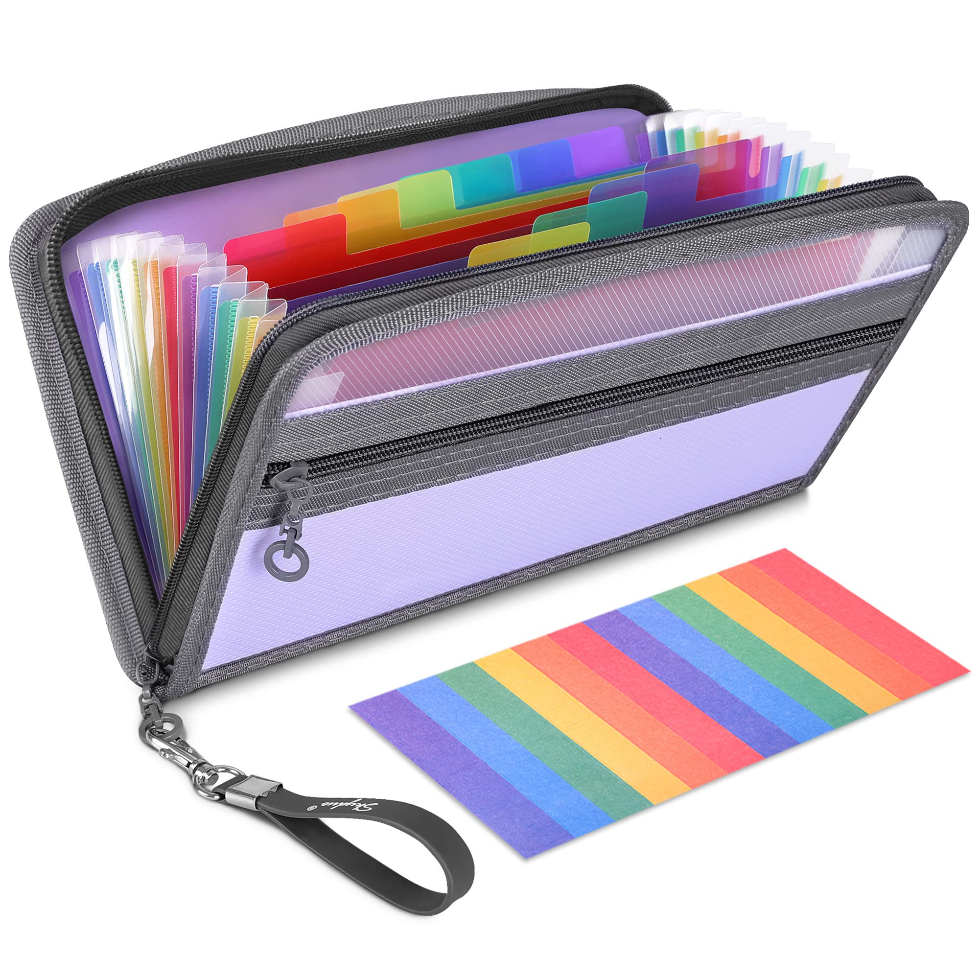 SKYDUE Small Accordion File Organizer，13 Pocket Receipt Coupon Organizer with Rainbow Labels ，Expanding File Folder for Glove Box, Zipper Closure, 11*6 Inches ( Purple)