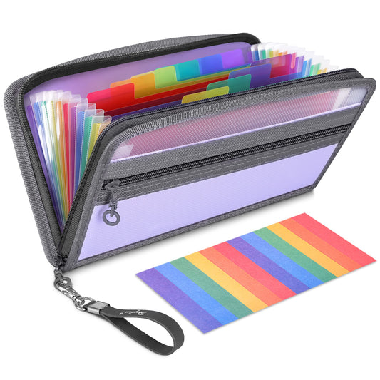 SKYDUE Small Accordion File Organizer，13 Pocket Receipt Coupon Organizer with Rainbow Labels ，Expanding File Folder for Glove Box, Zipper Closure, 11*6 Inches ( Purple)
