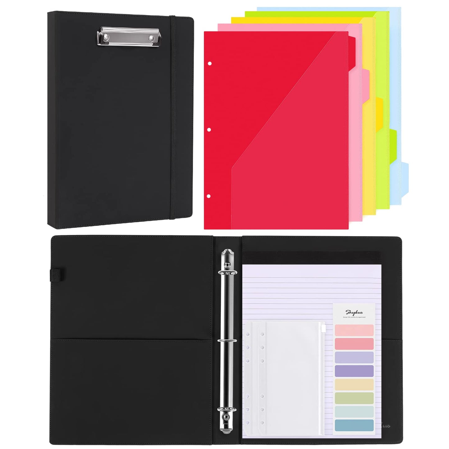 SKYDUE Clipboard Folio with Refillable Notepad, 13.2" × 10.2" PU Clipboard Folder Includes 5 Dividers with 10 Pockets, Labels, 3-Ring Binder Great for School Office