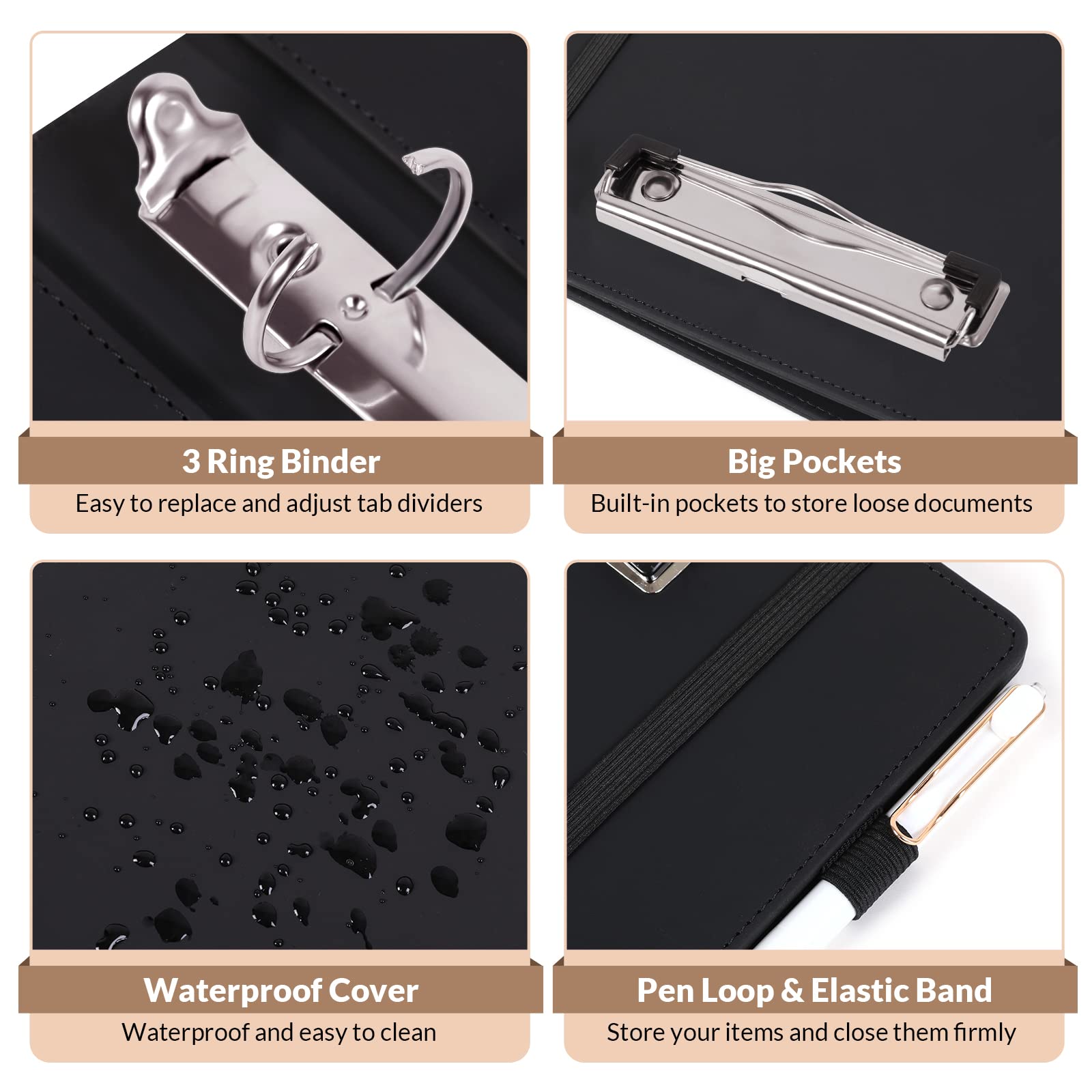 SKYDUE Clipboard Folio with Refillable Notepad, 13.2" × 10.2" PU Clipboard Folder Includes 5 Dividers with 10 Pockets, Labels, 3-Ring Binder Great for School Office