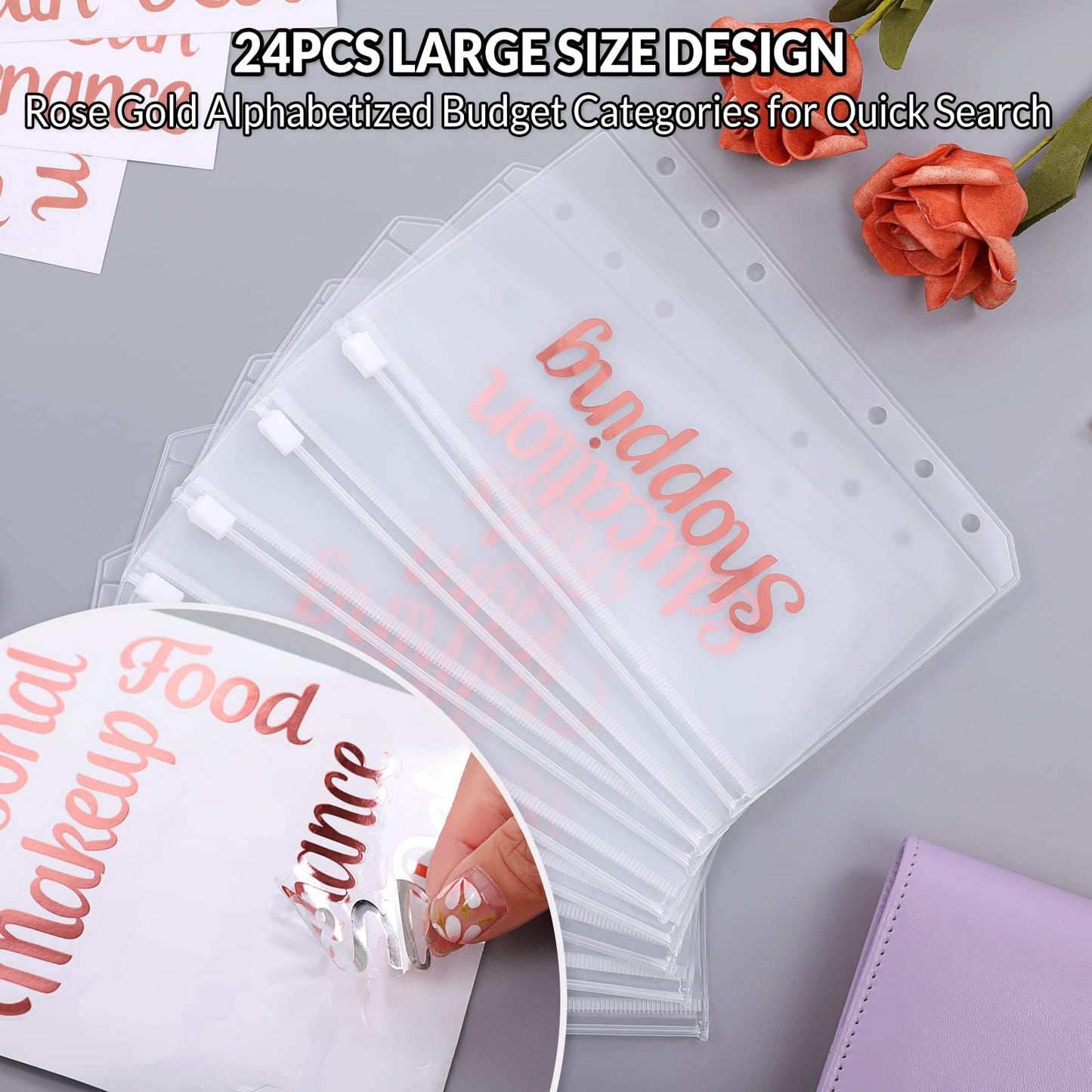 SKYDUE A6 Budget Binder,Money Organizer for Cash with 8pcs Zipper Envelopes,12pcs Expense Budget Sheets & 24 Rose Gold Sticky Labels,Money Saving Binder for Budgeting