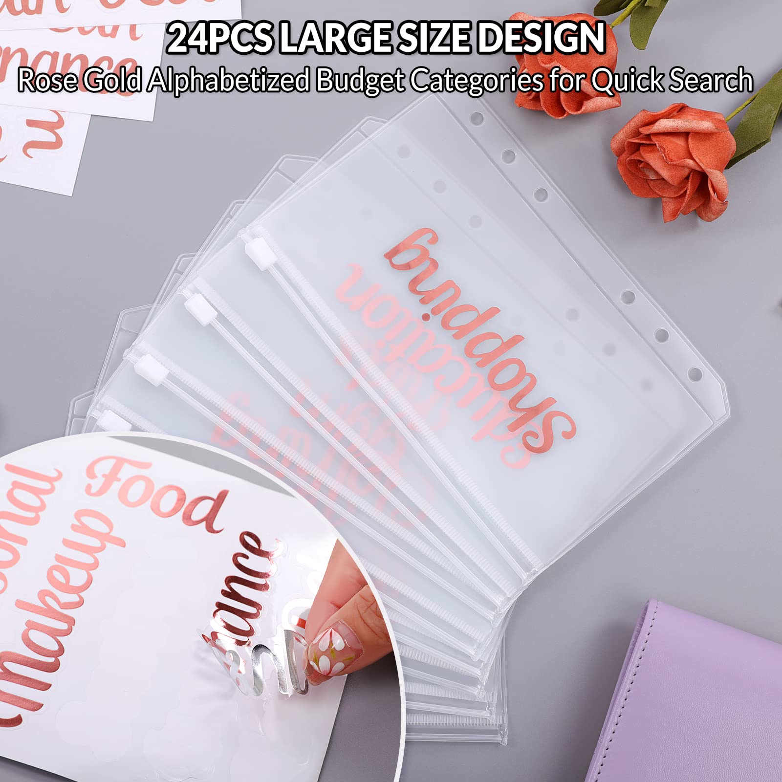 SKYDUE A6 Budget Binder,Money Organizer for Cash with 8pcs Zipper Envelopes,12pcs Expense Budget Sheets & 24 Rose Gold Sticky Labels,Money Saving Binder for Budgeting