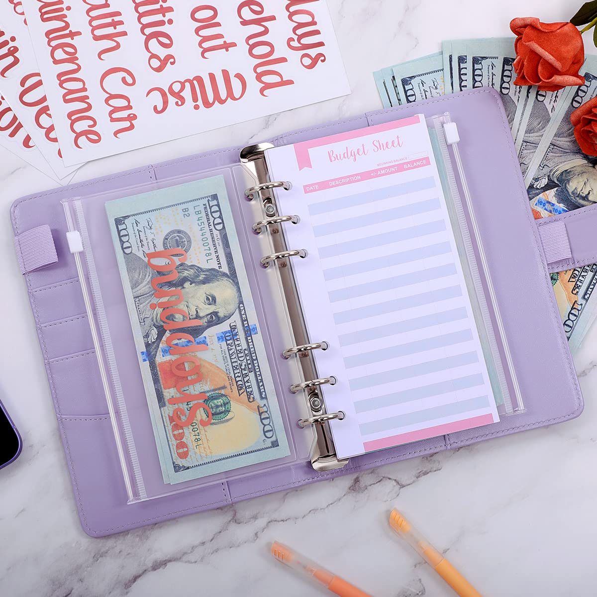 SKYDUE A6 Budget Binder,Money Organizer for Cash with 8pcs Zipper Envelopes,12pcs Expense Budget Sheets & 24 Rose Gold Sticky Labels,Money Saving Binder for Budgeting