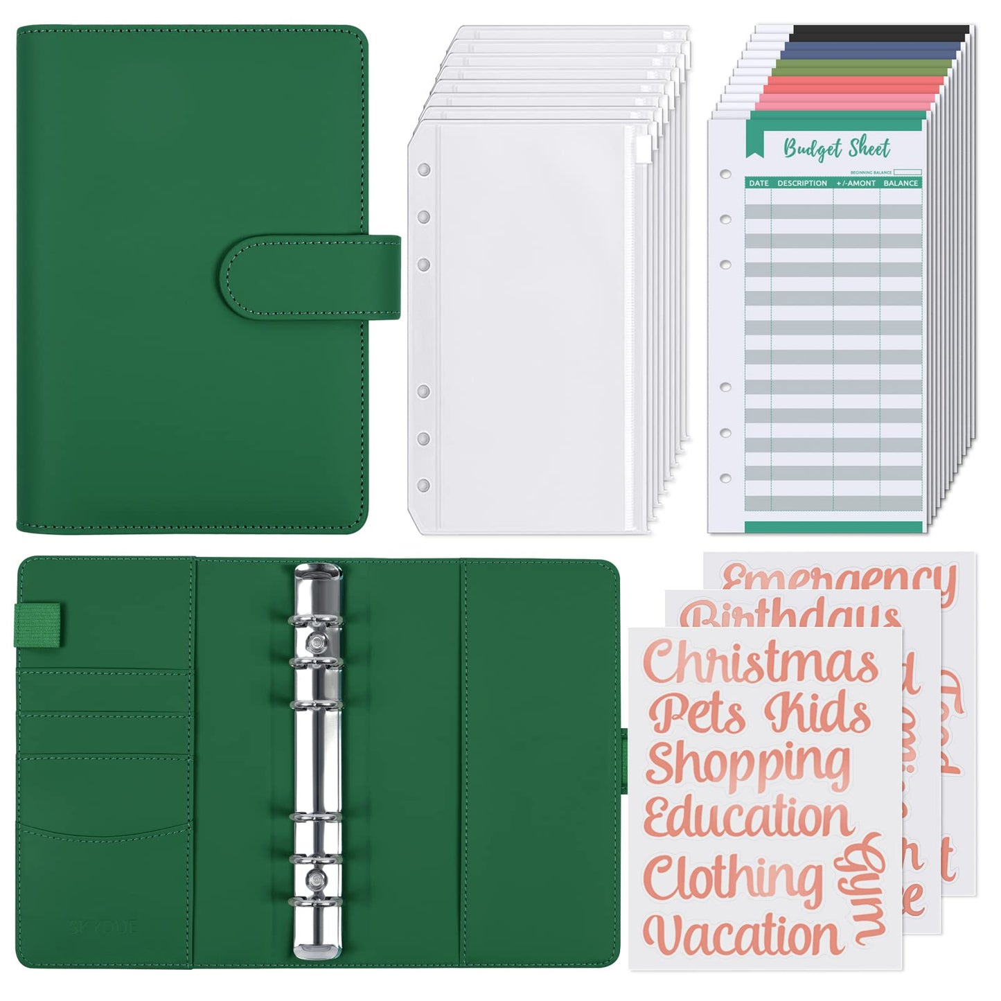 SKYDUE A6 Budget Binder,Money Organizer for Cash with 8pcs Zipper Envelopes,12pcs Expense Budget Sheets & 24 Rose Gold Sticky Labels,Money Saving Binder for Budgeting