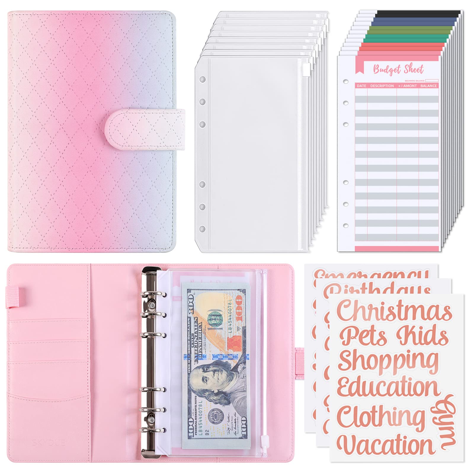 SKYDUE Budget Binder with Zipper Envelopes Money Organizer for Cash