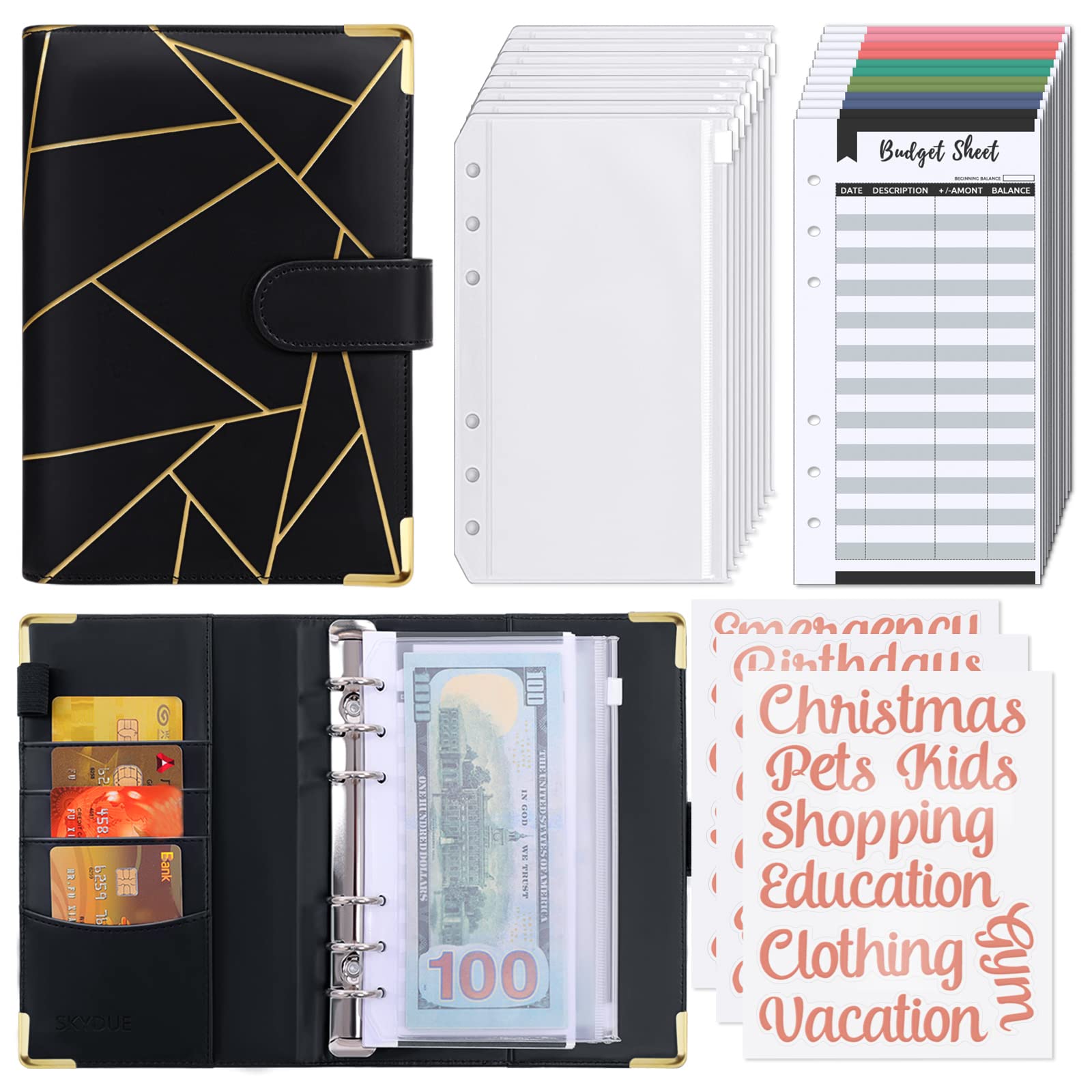 SKYDUE Budget Binder with Zipper Envelopes Money Organizer for Cash